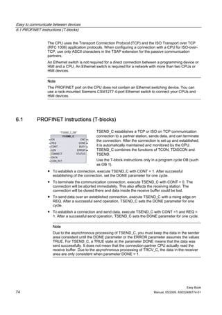 Easy to communicate between devices
6.1 PROFINET instructions (T-blocks)


                 The CPU uses the Transport Connection Protocol (TCP) and the ISO Transport over TCP
                 (RFC 1006) application protocols. When configuring a connection with a CPU for ISO-over-
                 TCP, use only ASCII characters in the TSAP extension for the passive communication
                 partners.
                 An Ethernet switch is not required for a direct connection between a programming device or
                 HMI and a CPU. An Ethernet switch is required for a network with more than two CPUs or
                 HMI devices.

                 Note
                 The PROFINET port on the CPU does not contain an Ethernet switching device. You can
                 use a rack-mounted Siemens CSM1277 4-port Ethernet switch to connect your CPUs and
                 HMI devices.




6.1        PROFINET instructions (T-blocks)

                                              TSEND_C establishes a TCP or ISO on TCP communication
                                              connection to a partner station, sends data, and can terminate
                                              the connection. After the connection is set up and established,
                                              it is automatically maintained and monitored by the CPU.
                                              TSEND_C combines the functions of TCON, TDISCON and
                                              TSEND.
                                              Use the T-block instructions only in a program cycle OB (such
                                              as OB 1).
                 ● To establish a connection, execute TSEND_C with CONT = 1. After successful
                   establishing of the connection, set the DONE parameter for one cycle.
                 ● To terminate the communication connection, execute TSEND_C with CONT = 0. The
                   connection will be aborted immediately. This also affects the receiving station. The
                   connection will be closed there and data inside the receive buffer could be lost.
                 ● To send data over an established connection, execute TSEND_C with a rising edge on
                   REQ. After a successful send operation, TSEND_C sets the DONE parameter for one
                   cycle.
                 ● To establish a connection and send data, execute TSEND_C with CONT =1 and REQ =
                   1. After a successful send operation, TSEND_C sets the DONE parameter for one cycle.

                    Note
                    Due to the asynchronous processing of TSEND_C, you must keep the data in the sender
                    area consistent until the DONE parameter or the ERROR parameter assumes the values
                    TRUE. For TSEND_C, a TRUE state at the parameter DONE means that the data was
                    sent successfully. It does not mean that the connection partner CPU actually read the
                    receive buffer. Due to the asynchronous processing of TRCV_C, the data in the receiver
                    area are only consistent when parameter DONE = 1.




                                                                                                      Easy Book
74                                                                               Manual, 05/2009, A5E02486774-01
 