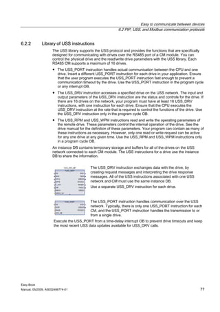 Easy to communicate between devices
                                                            6.2 PtP, USS, and Modbus communication protocols


6.2.2        Library of USS instructions
                    The USS library supports the USS protocol and provides the functions that are specifically
                    designed for communicating with drives over the RS485 port of a CM module. You can
                    control the physical drive and the read/write drive parameters with the USS library. Each
                    RS485 CM supports a maximum of 16 drives.
                    ● The USS_PORT instruction handles actual communication between the CPU and one
                      drive. Insert a different USS_PORT instruction for each drive in your application. Ensure
                      that the user program executes the USS_PORT instruction fast enough to prevent a
                      communication timeout by the drive. Use the USS_PORT instruction in the program cycle
                      or any interrupt OB.
                    ● The USS_DRV instruction accesses a specified drive on the USS network. The input and
                      output parameters of the USS_DRV instruction are the status and controls for the drive. If
                      there are 16 drives on the network, your program must have at least 16 USS_DRV
                      instructions, with one instruction for each drive. Ensure that the CPU executes the
                      USS_DRV instruction at the rate that is required to control the functions of the drive. Use
                      the USS_DRV instruction only in the program cycle OB.
                    ● The USS_RPM and USS_WPM instructions read and write the operating parameters of
                      the remote drive. These parameters control the internal operation of the drive. See the
                      drive manual for the definition of these parameters. Your program can contain as many of
                      these instructions as necessary. However, only one read or write request can be active
                      for any one drive at any given time. Use the USS_RPM and USS_WPM instructions only
                      in a program cycle OB.
                    An instance DB contains temporary storage and buffers for all of the drives on the USS
                    network connected to each CM module. The USS instructions for a drive use the instance
                    DB to share the information.


                                           The USS_DRV instruction exchanges data with the drive, by
                                           creating request messages and interpreting the drive response
                                           messages. All of the USS instructions associated with one USS
                                           network and CM must use the same instance DB.
                                           Use a separate USS_DRV instruction for each drive.


                                           The USS_PORT instruction handles communication over the USS
                                           network. Typically, there is only one USS_PORT instruction for each
                                           CM, and the USS_PORT instruction handles the transmission to or
                                           from a single drive.
                     Execute the USS_PORT from a time-delay interrupt OB to prevent drive timeouts and keep
                     the most recent USS data updates available for USS_DRV calls.




Easy Book
Manual, 05/2009, A5E02486774-01                                                                                  77
 
