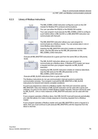 Easy to communicate between devices
                                                             6.2 PtP, USS, and Modbus communication protocols


6.2.3        Library of Modbus instructions

                                           The MB_COMM_LOAD instruction configures a port on the CM
                                           module for Modbus RTU protocol communications.
                                           You can use either the RS232 or the RS485 CM module.
                                           Your user program must execute the MB_COMM_LOAD to configure
                                           a port before either a MB_SLAVE or a MB_MASTER instruction can
                                           communicate with that port.


                                           The MB_MASTER instruction allows your user program to
                                           communicate as a Modbus master. You can access data in one or
                                           more Modbus slave devices.
                                           Inserting the MB_MASTER instruction creates an instance data
                                           block. Use this DB name as the MB_DB parameter on the
                                           MB_COMM_LOAD instruction.

                     Execute all MB_MASTER instructions for a given port from the same OB (or OB priority
                     level).
                                           The MB_SLAVE instruction allows your user program to
                                           communicate as a Modbus slave. A Modbus RTU master can issue
                                           a request and then your program responds via MB_SLAVE
                                           execution.
                                           Inserting the MB_SLAVE instruction creates an instance data block.
                                           Use this DB name as the MB_DB parameter on the
                                           MB_COMM_LOAD instruction.
                     Execute all MB_SLAVE instructions from a cyclic interrupt OB.
                    The Modbus instructions do not use communication interrupt events to control the
                    communication process. Your program must poll the MB_MASTER or MB_SLAVE
                    instructions for transmit and receive complete conditions.
                    If a port is to respond as a slave to a Modbus master, then that port cannot be used by
                    MB_MASTER. Only one instance of MB_SLAVE execution can be used with a given port.
                    Likewise, If a port is to be used to initiate Modbus master requests, that port cannot be used
                    by MB_SLAVE . One or more instances of MB_MASTER execution can be used with that
                    port.
                    If your program operates a Modbus slave, then MB_SLAVE must poll (execute periodically)
                    at a rate that allows it to make a timely response to incoming requests from a Modbus
                    master.
                    If your program operates a Modbus master and uses MB_MASTER to send a request to a
                    slave, then you must continue to poll (execute MB_MASTER) until the response from the
                    slave is returned.




Easy Book
Manual, 05/2009, A5E02486774-01                                                                                 79
 