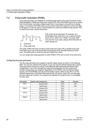 Easy to use the built-in pulse generators
7.2 Pulse-width modulation (PWM)


7.2          Pulse-width modulation (PWM)
                   Two pulse generators are available for controlling high-speed pulse output functions: Pulse
                   Width Modulation (PWM) and Pulse train output (PTO). Since the PWM output can be varied
                   from 0 to full scale, it provides a digital output that in many ways is the same as an analog
                   output. For example, the PWM output can be used to control the speed of a motor from stop
                   to full speed, or it can be used to control position of a valve from closed to fully opened. PTO
                   is used by the motion control instructions.


                                                          Duty cycle can be expressed, for example, as a
                                                          percentage of the cycle time or as a relative quantity
                                                          (such as 0 to 1000 or 0 to 10000). The pulse width
                                                          can vary from 0 (no pulse, always off) to full scale (no
                                                          pulse, always on).
                    ①     Cycle time
                    ②     Pulse width time
                   The CTRL_PWM instruction provides a fixed cycle time output with a variable duty cycle.
                   The PWM output runs continuously after being started at the specified frequency (cycle
                   time). The pulse width is varied as required to affect the control.
                   You can assign each pulse generator to either PWM or PTO, but not both at the same time.


Configuring the pulse generators
                   The two pulse generators are mapped to specific digital outputs as shown in the following
                   table. You can use onboard CPU outputs, or you can use the optional signal board outputs.
                   The output point numbers are shown in the following table (assuming the default output
                   configuration). If you have changed the output point numbering, then the output point
                   numbers will be those you assigned. Regardless, PTO1/PWM1 uses the first two digital
                   outputs, and PTO2/PWM2 uses the next two digital outputs, either on the CPU or on the
                   attached signal board. Note that PWM requires only one output, while PTO can optionally
                   use two outputs per channel. If an output is not required for a pulse function, it is available
                   for other uses.


                    Description     Default output assignment                     Pulse              Direction
                        PTO 1                    Onboard CPU                       Q0.0                Q0.1
                                                 Signal board                      Q4.0                Q4.1
                        PWM 1                    Onboard CPU                       Q0.0                  --
                                                 Signal board                      Q4.0                  --
                        PTO 2                    Onboard CPU                       Q0.2                Q0.3
                                                 Signal board                      Q4.2                Q4.3
                        PWM 2                    Onboard CPU                       Q0.2                  --
                                                 Signal board                      Q4.2                  --




                                                                                                              Easy Book
86                                                                                    Manual, 05/2009, A5E02486774-01
 
