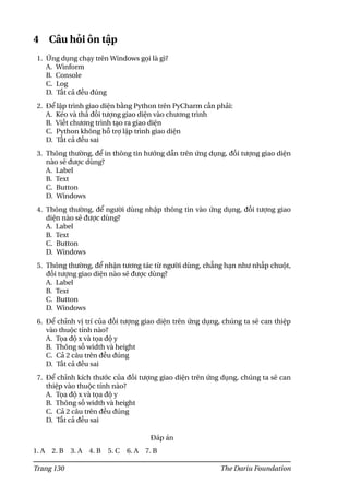 4 Câu hỏi ôn tập
1. Ứng dụng chạy trên Windows gọi là gì?
A. Winform
B. Console
C. Log
D. Tất cả đều đúng
2. Để lập trình giao diện bằng Python trên PyCharm cần phải:
A. Kéo và thả đối tượng giao diện vào chương trình
B. Viết chương trình tạo ra giao diện
C. Python không hỗ trợ lập trình giao diện
D. Tất cả đều sai
3. Thông thường, để in thông tin hướng dẫn trên ứng dụng, đối tượng giao diện
nào sẽ được dùng?
A. Label
B. Text
C. Button
D. Windows
4. Thông thường, để người dùng nhập thông tin vào ứng dụng, đối tượng giao
diện nào sẽ được dùng?
A. Label
B. Text
C. Button
D. Windows
5. Thông thường, để nhận tương tác từ người dùng, chẳng hạn như nhấp chuột,
đối tượng giao diện nào sẽ được dùng?
A. Label
B. Text
C. Button
D. Windows
6. Để chỉnh vị trí của đối tượng giao diện trên ứng dụng, chúng ta sẽ can thiệp
vào thuộc tính nào?
A. Tọa độ x và tọa độ y
B. Thông số width và height
C. Cả 2 câu trên đều đúng
D. Tất cả đều sai
7. Để chỉnh kích thước của đối tượng giao diện trên ứng dụng, chúng ta sẽ can
thiệp vào thuộc tính nào?
A. Tọa độ x và tọa độ y
B. Thông số width và height
C. Cả 2 câu trên đều đúng
D. Tất cả đều sai
Đáp án
1. A 2. B 3. A 4. B 5. C 6. A 7. B
Trang 130 The Dariu Foundation
 