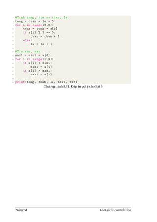 7 #Tinh tong , tim so chan , le
8 tong = chan = le = 0
9 for i in range(0,N):
10 tong = tong + a[i]
11 if a[i] % 2 == 0:
12 chan = chan + 1
13 else:
14 le = le + 1
15
16 #Tim min , max
17 max1 = min1 = a[0]
18 for i in range(1,N):
19 if a[i] < min1:
20 min1 = a[i]
21 if a[i] > max1:
22 max1 = a[i]
23
24 print(tong , chan , le , max1 , min1)
Chương trình 5.11: Đáp án gợi ý cho Bài 6
Trang 54 The Dariu Foundation
 