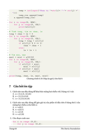 7 temp = int(input("Phan tu "+str(i)+ "-"+ str(j) +"
")))
8 temp_row.append(temp)
9 a.append(temp_row)
10
11 for i in range(0, ROW):
12 for j in range(0, COL):
13 print(a[i][j])
14
15 # Tinh tong , tim so chan , le
16 tong = chan = le = 0
17 for i in range(0, ROW):
18 for j in range(0, COL):
19 tong = tong + a[i][j]
20 if a[i][j] % 2 == 0:
21 chan = chan + 1
22 else:
23 le = le + 1
24
25 # Tim min , max
26 max1 = min1 = a[0][0]
27 for i in range(0, ROW):
28 for j in range(0, COL):
29 if a[i][j] < min1:
30 min1 = a[i][j]
31 if a[i][j] > max1:
32 max1 = a[i][j]
33
34 print(tong , chan , le , max1 , min1)
Chương trình 6.10: Đáp án gợi ý cho bài 6
7 Câu hỏi ôn tập
1. Cách nào sau đây dùng để khai báo mảng hai chiều với 2 hàng và 3 cột:
A. a = [[1,2,3], [4,5,6]]
B. a = [1,2,3,4,5,6]
C. a = [1,2,3];[4,5,6]
2. Cách nào sau đây dùng để gán giá trị của phần tử đầu tiên ở hàng thứ 2 của
mảng hai chiều a cho biến x:
A. x = a[0,1]
B. x = a[2][1]
C. x = a[1,0]
D. x = a[1][0]
3. Cho đoạn code sau:
1 for i in range (0,2):
2 for j in range (0,2):
Trang 64 The Dariu Foundation
 