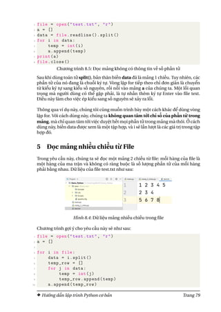 1 file = open("test.txt", "r")
2 a = []
3 data = file.readline ().split ()
4 for i in data:
5 temp = int(i)
6 a.append(temp)
7 print(a)
8 file.close ()
Chương trình 8.5: Đọc mảng không có thông tin về số phần tử
Sau khi dùng toán tử split(), bản thân biến data đã là mảng 1 chiều. Tuy nhiên, các
phần tử của nó đang là chuỗi ký tự. Vòng lặp for tiếp theo chỉ đơn giản là chuyển
từ kiểu ký tự sang kiểu số nguyên, rồi nối vào mảng a của chúng ta. Một lỗi quan
trọng mà người dùng có thể gặp phải, là tự nhấn thêm ký tự Enter vào file text.
Điều này làm cho việc ép kiểu sang số nguyên sẽ xảy ra lỗi.
Thông qua ví dụ này, chúng tôi cũng muốn trình bày một cách khác để dùng vòng
lặp for. Với cách dùng này, chúng ta không quan tâm tới chỉ số của phần tử trong
mảng, mà chỉ quan tâm tới việc duyệt hết mọi phần tử trong mảng mà thôi. Ở cách
dùng này, biến data được xem là một tập hợp, và i sẽ lần lượt là các giá trị trong tập
hợp đó.
5 Đọc mảng nhiều chiều từ File
Trong yêu cầu này, chúng ta sẽ đọc một mảng 2 chiều từ file: mỗi hàng của file là
một hàng của ma trận và không có ràng buộc là số lượng phần tử của mỗi hàng
phải bằng nhau. Dữ liệu của file test.txt như sau:
Hình 8.4: Dữ liệu mảng nhiều chiều trong file
Chương trình gợi ý cho yêu cầu này sẽ như sau:
1 file = open("test.txt", "r")
2 a = []
3
4 for i in file:
5 data = i.split ()
6 temp_row = []
7 for j in data:
8 temp = int(j)
9 temp_row.append(temp)
10 a.append(temp_row)
Hướng dẫn lập trình Python cơ bản Trang 79
 