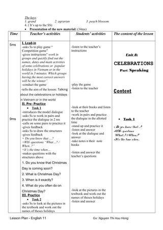 The keys:
1. grand 2. agrarian 3. peach blossom
4. ( It’s up to the SS)
• Presentation of the new material: (34ms)
Time Teacher’s activities Students’ activities The content of the lesson
5ms
9ms
I. Lead-in
-asks Ss to play game “
Competition game”
-gives instructions” work in
groups and quickly find out the
names, dates and main activities
of some celebrations or popular
holidays in Vietnam or in the
world in 3 minutes. Which groups
having the most correct answers
will be the winner”
-conduct the game
-tells the aim of the lesson: Talking
about the celebrations or holidays
in Vietnam or in the world
II. Pre- Practice
• Task 1
-introduces the model dialogue
-asks Ss to work in pairs and
practice the dialogue in 2 ms
-calls on some pairs to practice it
-gives feedback
-asks Ss to draw the structures
-gives feedback
+ Do you know that …?
+WH- questions “What…? /
When..?”
+It’s the time when…
-makes questions with the
structures above
1. Do you know that Christmas
Day is coming soon?
2. What is Christmas Day?
3. When is it exactly?
4. What do you often do on
Christmas Day?
III. Practice
• Task 2
-asks Ss to look at the pictures in
the textbook and work out the
names of theses holidays
-listen to the teacher’s
instructions
-play the game
-listen to the teacher
-look at their books and listen
to the teacher
-work in pairs and practice
the dialogue in the allotted
time
-stand up and practice it
-listen and answer
-look at the dialogue and
answer
-take notes n their note
books
-listen and answer the
teacher’s questions
-look at the pictures in the
textbook and work out the
names of theses holidays
-listen and answer
Unit 8:
CELEBRATIONS
Part: Speaking
Content
• Task 1
+ Do you know that …?
+WH- questions:
“What…? / When..?”
+It’s the time when…
Lesson Plan - English 11 Gv: Nguyen Thi Huu Hong
 