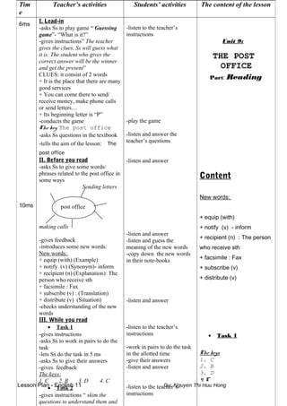 Lesson Plan - English 11 Gv: Nguyen Thi Huu Hong
Tim
e
Teacher’s activities Students’ activities The content of the lesson
6ms
10ms
I. Lead-in
-asks Ss to play game “ Guessing
game”- “What is it?”
-gives instructions” The teacher
gives the clues, Ss will guess what
it is. The student who gives the
correct answer will be the winner
and get the present”
CLUES: it consist of 2 words
+ It is the place that there are many
good services
+ You can come there to send/
receive money, make phone calls
or send letters…
+ Its beginning letter is “P”
-conducts the game
The key: The post office
-asks Ss questions in the textbook
-tells the aim of the lesson: The
post office
II. Before you read
-asks Ss to give some words/
phrases related to the post office in
some ways
Sending letters
post office
making calls
-gives feedback
-introduces some new words:
New words:
+ equip (with) (Example)
+ notify (v) (Synonym)- inform
+ recipient (n) (Explanation): The
person who receive sth
+ facsimile : Fax
+ subscribe (v) : (Translation)
+ distribute (v) (Situation)
-checks understanding of the new
words
III. While you read
• Task 1
-gives instructions
-asks Ss to work in pairs to do the
task
-lets Ss do the task in 5 ms
-asks Ss to give their answers
-gives feedback
The keys:
1. C 2. B 3. D 4. C
• Task 2
-gives instructions “ skim the
questions to understand them and
-listen to the teacher’s
instructions
-play the game
-listen and answer the
teacher’s questions
-listen and answer
-listen and answer
-listen and guess the
meaning of the new words
-copy down the new words
in their note-books
-listen and answer
-listen to the teacher’s
instructions
-work in pairs to do the task
in the allotted time
-give their answers
-listen and answer
-listen to the teacher’s
instructions
Unit 9:
THE POST
OFFICE
Part: Reading
Content
New words:
+ equip (with)
+ notify (v) - inform
+ recipient (n) : The person
who receive sth
+ facsimile : Fax
+ subscribe (v)
+ distribute (v)
• Task 1
The keys:
1. C
2. B
3. D
4. C
 