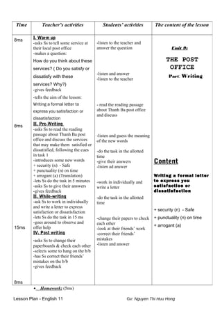 • Homework: (5ms)
Lesson Plan - English 11 Gv: Nguyen Thi Huu Hong
Time Teacher’s activities Students’ activities The content of the lesson
8ms
8ms
15ms
8ms
I. Warm up
-asks Ss to tell some service at
their local post office
-makes a question:
How do you think about these
services? ( Do you satisfy or
dissatisfy with these
services? Why?)
-gives feedback
-tells the aim of the lesson:
Writing a formal letter to
express you satisfaction or
dissatisfaction
II. Pre-Writing
-asks Ss to read the reading
passage about Thanh Ba post
office and discuss the services
that may make them satisfied or
dissatisfied, following the cues
in task 1
-introduces some new words
+ security (n) - Safe
+ punctuality (n) on time
+ arrogant (a) (Translation)
-lets Ss do the task in 5 minutes
-asks Ss to give their answers
-gives feedback
II. While-writing
-ask Ss to work in individually
and write a letter to express
satisfaction or dissatisfaction
-lets Ss do the task in 15 ms
-goes around to observe and
offer help
IV. Post writing
-asks Ss to change their
paperboards & check each other
-selects some to hang on the b/b
-has Ss correct their friends’
mistakes on the b/b
-gives feedback
-listen to the teacher and
answer the question
-listen and answer
-listen to the teacher
- read the reading passage
about Thanh Ba post office
and discuss
-listen and guess the meaning
of the new words
-do the task in the allotted
time
-give their answers
-listen ad answer
-work in individually and
write a letter
-do the task in the allotted
time
-change their papers to check
each other
-look at their friends’ work
-correct their friends’
mistakes
-listen and answer
Unit 9:
THE POST
OFFICE
Part: Writing
Content
Writing a formal letter
to express you
satisfaction or
dissatisfaction
+ security (n) - Safe
+ punctuality (n) on time
+ arrogant (a)
 