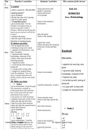 Lesson Plan - English 11 Gv: Nguyen Thi Huu Hong
Tim
e
Teacher’s activities Students’ activities The content of the lesson
6ms
6ms
15ms
I. Lead-in
-makes a question: “Do you like
reading books?”
-gives feedback
-divides the class into 2 groups
-asks Ss to play game
“ Competition game”
-gives instructions "list the
benefits of reading books as
much as possible within 2
minutes. Which group having the
most correct answers will be the
winner”
-conducts the game
-tells the topic of the lesson:
Benefits of reading books
II. Before you listen
-lets Ss repeat the words
-introduces some new words
+ gigantic (a) (Synonym): very
big, very great
+ ignorant (adj): lacking
knowledge, unaware of sth
-elicits some more from the
listening passage
+ bygone (a): past
+ to be fed up with: boring of
doing sth
+ to cope with: to face with
+ jungle (n): tropical forest
-sets the situation: “You will
hear a student talk about his
hobby. Listen and do some tasks
below”
III. While you listen
• Task 1
-gives instructions “read through
the statements carefully to
understand them and underline
key words and work out what
information they need to
concentrate on while listening”
-explains some new words if any
-plays the tape the first time
-asks Ss to give their answers
-plays the tape the second time to
check their answers
-gives feedback
The key:
1. T 2. F 3. F 4. F
5. T 6. T 7. T 8. F
• Task 2
-gives instructions “read the
passage carefully, identify the
word you need to fill in each
blank and guess the answers”
-listen and answer the
teacher’s questions
-listen and answer
-sit in groups
-listen to the teacher’s
instructions
-play the game
-listen to the teacher
-repeat the words
-listen and guess the meaning
of the new words and take
notes
-listen to the teacher
-read the statements in task 1
-listen and take notes
-listen to the tape and do the
task
-give their answers
-listen and answer
-listen to the teacher’s
instructions
-guess the answers
Unit 13:
HOBBIES
Part: Listening
Content
New words:
+ gigantic (a) very big, very
great
+ ignorant (adj): lacking
knowledge, unaware of sth
+ bygone (a): past
+ to be fed up with: boring of
doing sth
+ to cope with: to face with
+ jungle (n): tropical forest
• Task 1
The keys:
1. T
2. F
3. F
4. F
5. T
 