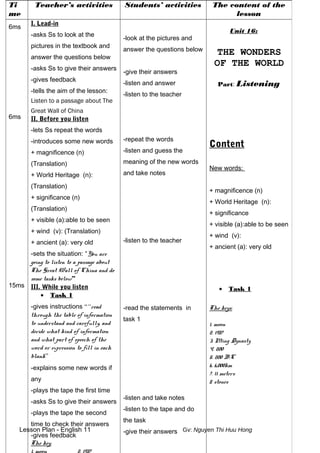 Lesson Plan - English 11 Gv: Nguyen Thi Huu Hong
Ti
me
Teacher’s activities Students’ activities The content of the
lesson
6ms
6ms
15ms
I. Lead-in
-asks Ss to look at the
pictures in the textbook and
answer the questions below
-asks Ss to give their answers
-gives feedback
-tells the aim of the lesson:
Listen to a passage about The
Great Wall of China
II. Before you listen
-lets Ss repeat the words
-introduces some new words
+ magnificence (n)
(Translation)
+ World Heritage (n):
(Translation)
+ significance (n)
(Translation)
+ visible (a):able to be seen
+ wind (v): (Translation)
+ ancient (a): very old
-sets the situation: “You are
going to listen to a passage about
The Great Wall of China and do
some tasks below”
III. While you listen
• Task 1
-gives instructions ““read
through the table of information
to understand and carefully, and
decide what kind of information
and what part of speech of the
word or expression to fill in each
blank”
-explains some new words if
any
-plays the tape the first time
-asks Ss to give their answers
-plays the tape the second
time to check their answers
-gives feedback
The key:
-look at the pictures and
answer the questions below
-give their answers
-listen and answer
-listen to the teacher
-repeat the words
-listen and guess the
meaning of the new words
and take notes
-listen to the teacher
-read the statements in
task 1
-listen and take notes
-listen to the tape and do
the task
-give their answers
Unit 16:
THE WONDERS
OF THE WORLD
Part: Listening
Content
New words:
+ magnificence (n)
+ World Heritage (n):
+ significance
+ visible (a):able to be seen
+ wind (v):
+ ancient (a): very old
• Task 1
The keys:
1. moon
2. 1987
3. Ming Dynasty
4. 200
5. 200 B.C
6. 6,000km
7. 11 meters
8. stones
 