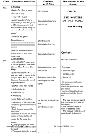 Lesson Plan - English 11 Gv: Nguyen Thi Huu Hong
Time Teacher’s activities Students’
activities
The content of the
lesson
4ms
8ms
I. Warm up
-divides Ss into 4 groups
-asks Ss to play
“competition game”
-gives instructions” List as
many words/ phrases about places
in Nha Trang as possible in 2
minutes. Which group having the
most correct words will be the
winner”
-conducts the game
Suggested answers:



-tells the aim of the lesson:
Writing a report on a man-
made place
II. Pre-Writing
-sets a situation” you are going
to write a report on a visit to the
Ponagar Cham Tower in Nha
Trang”
-gives instructions” Below are
some notes made by a visitor to the
Ponagar Cham Tower in Nha
Trang, use his/ her notes to write
a report on the visit”
-teaches some new words
+ dedicate (v) to:
+ sandstone (n)
+ throne (n)
-helps Ss to work out the
organization of the report on
+ Introduction: general information about
the place
+ Details: the special features, of the
place in detail
+ summary of the visit: how long our visit
lasts and our feeling about the visit
-notes the Ss about the
tenses
+ The past simple: an event
that happened and finished in
the past
+ The present simple: is used
-sit ingroups
-listen to the teacher’s
instructions
-play the game
-listen to the teacher
-listen to the teacher
-listen to the teacher’s
instructions
-listen and guess the
meaning of the new
words
-do the task in the allotted
time
-give their answers
Unit 16:
THE WONDERS
OF THE WORLD
Part: Writing
Content
Writing a biography
New words
+ dedicate (v) to:
+ sandstone (n)
+ throne (n)
+ Introduction: general information
about the place
+ Details: the special features, of the
place in detail
+ summary of the visit: how long our
visit lasts and our feeling about the
visit
+ The past simple: an event
that happened and finished
in the past
+ The present simple: is
used to describe facts
+ The passive voice is used
occasionally in the report
 