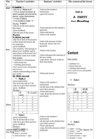 Unit 3: A Party .
Lesson Plan - English 11 Gv: Nguyen Thi
Huu Hong
Tim
e
Teacher’s activities Students’ activities The content of the lesson
4ms
8ms
20ms
I. Lead-in
-asks Ss to” What is it?”
+ It is a social occasion at
which people eat and drink,
dance, enjoy themselves
+ It has 5 letters
+ It is ended in letter “Y”
The key: PARTY
-asks Ss to tell some parties
they know
-gives feedback
-tells the aim of the lesson:
Parties
II. Before you read
-asks Ss to look at the pictures
in their book and answer the
two questions
-gives feedback
-sets situation :”the passage is
about Lisa’s birthday and an
anniversary of Rosa and Luis”
-introduces some new words:
New words:
+ celebrate (v) (Translation)
+ anniversary (n)
+ weeding anniversary:
silver anniversary and golden
anniversary
-checks understanding of the
new words
III. While you read
• Task 1
-gives instructions
-lets Ss do the task in 5 ms
-asks Ss to give their answers
-gives feedback
The keys:
B.
party
W. A. party
1  
2  
3  
4 
5 
6 
7 
• Task 2
-gives instructions
-lets Ss do the task in 4 ms
-asks Ss to give their answers
-gives feedback
The keys:
1. eight-> seven
2. makes-> eats
3. food-> presents
4. anniversaries-> ages
…
-listen to the teacher’s
instructions
-guess the answer
-listen and answer the teacher’s
questions
-listen and answer
-listen to the teacher
-look at the pictures in their
book and answer the two
questions
-listen to the teacher
-listen and guess the meaning of
the new words
-copy down the new words in
their note-books
-listen and answer
-listen to the teacher’s
instructions
-do the task in the allotted time
-give their answers
-listen and answer
-copy down the answers in their
note-books
-listen to the teacher’s
instructions
-do the task in the allotted time
-give their answers
-listen and answer
-copy down the answers in their
notebooks
Unit 3:
A PARTY
Part: Reading
Content
New words:
+ celebrate (v)
+ anniversary (n)
+ weeding anniversary:
silver anniversary and golden
anniversary
• Task 1
The keys:
B.
party
W. A.
party
1  
2  
3  
4 
5 
6 
7 
• Task 2
The keys:
1. eight-> seven
2. makes-> eats
3. food-> presents
4. anniversaries-> ages
5. months-> years
 
