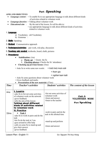 Part: Speaking
AIMS AND OBJECTIVES
• Language content : + To enable Ss to use appropriate language to talk about different kinds
of activities related to volunteer work
• Language function: + Talking about volunteer work
• Educational aim : By the end of the lesson, Ss will be able to:
+ use appropriate language to talk about different kinds of activities
related to volunteer work
1. Language:
a) Vocabulary: old Vocabulary
b) Grammar :
2. Skills: Speaking
3. Method: Communicative approach
4. Techniques/activities: pair work, role-play, discussion
5. Teaching aids needed: textbooks, board, chalk, pictures
6. Procedures:
• Stabilization: (1m)
g. Warm- up: + Greets the Ss
h. Checking absence: Checks the Ss’ attendance
• Checking up previous lesson: (5ms)
+ Asks Ss to write some new words : + traïò treû moà coâi
+ tham gia
+ ngöôøi taøn taät
+ Asks Ss some questions about volunteer work
+ Gives feedback and marks
• Presentation of the new material: (37ms)
Time Teacher’s activities Students’ activities The content of the lesson
4ms
33ms
I. Lead-in
-asks Ss to list out some activities
of volunteer work on the network
-gives feedback
-tells the aim of the lesson:
Talking about different
kinds of activities related
to volunteer work
II. Practice
• Task 1
-asks Ss to work in pairs and do the
task
-lets Ss do the task in 3 ms
-goes around to offer help
-calls on some Ss to stand up and
give their answer
-gives feedback
-list out some activities of
volunteer work
-listen and answer
-listen to the teacher
-work in pairs and do the
task in the allotted time
-stand up and perform
-listen and answer
Unit 4:
VOLUNTEER WORK
Part: Speaking
Lesson Plan - English 11 Gv: Nguyen Thi Huu Hong
 