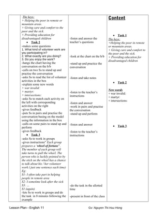 The keys:
+ Helping the poor in remote or
mountain areas.
+ Giving care and comfort to the
poor and the sick.
+ Providing education for
disadvantaged children
• Task 2
-makes some questions
1. What kind of volunteer work are
you participating in?
2. What exactly are you doing?
3. Do you enjoy the work?
-hangs the chart having the
conversation on the b/b
-calls on two Ss to stand up and
practise the conversation
-asks Ss to read the list of volunteer
activities in the box
-explain some new words
+ war invalid:
+ martyr:
+ intersections:
-asks Ss to match each activity on
the left with corresponding
activities on the right
-gives feedback
-puts Ss in pairs and practise the
conversation basing on the model
using the information in the box
-calls on some pairs to stand up and
perform
-gives feedback
• Task 3
-asks Ss to work in groups
-gives instructions” Each group
prepares a ‘wheel of fortune’ .
The member of each group will
take turns to pull the wheel. The
person who is luckily pointed to by
the stick on the wheel has a chance
to talk about his / her volunteer
work ( just one sentence each time)
Eg:
S1: I often take part in helping
people in remote area
S2: I sometime look after the sick
S3: …
S1 (again)
-lets Ss to work in groups and do
the task in 8 minutes following the
example
-listen and answer the
teacher’s questions
-look at the chart on the b/b
-stand up and practice the
conversation
-listen and take notes
-listen to the teacher’s
instructions
-listen and answer
-work in pairs and practise
the conversation
-stand up and perform
-listen and answer
-listen to the teacher’s
instructions
-do the task in the allotted
time
-present in front of the class
Content
• Task 1
The keys:
+Helping the poor in remote
or mountain areas.
+ Giving care and comfort to
the poor and the sick.
+ Providing education for
disadvantaged children
• Task 2
New words
+ war invalid:
+ martyr:
+ intersections:
• Task 3
Lesson Plan - English 11 Gv: Nguyen Thi Huu Hong
 
