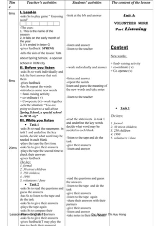 Lesson Plan - English 11 Gv: Nguyen Thi Huu Hong
Tim
e
Teacher’s activities Students’ activities The content of the lesson
6ms
6ms
20ms
I. Lead-in
-asks Ss to play game “ Guessing
word”
-The cues:
1. This is the name of the
season
2. It falls on the early month of
the year
3. it’s ended in letter G
-gives feedback: SPRING
-tells the aim of the lesson: Talk
about Spring School, a special
school in HCM city
II. Before you listen
-asks Ss to work individually and
tick the best answer that suit
them
-gives feedback
-lets Ss repeat the words
-introduces some new words
+ fund- raising activity
+ co-ordinate ( v)
+ Co-operate (v) - work together
-sets the situation: “You are
going to listen to a talk about
Spring School, a special school
in HCM city”
III. While you listen
• Task 1
-asks Ss to read the statements in
task 1 and underline the key
words, decide what word may be
needed in each blank
-plays the tape the first time
-asks Ss to give their answers
-plays the tape the second time to
check their answers
-gives feedback
The key:
1. formal
2. 30 street children
3. 250 children
4. 1998
5. volunteers / June
• Task 2
-asks Ss to read the questions and
guess the answers
-has Ss to listen to the tape and
do the task
-asks Ss to give their answers
-plays the tape again
-asks Ss to compare their
answers with their partners
-asks Ss to give their answers
-gives feedback(T may play the
-look at the b/b and answer
-listen and answer
-listen to the teacher
- work individually and answer
-listen and answer
-repeat the words
listen and guess the meaning of
the new words and take notes
-listen to the teacher
-read the statements in task 1
and underline the key words
decide what word may be
needed in each blank
-listen to the tape and do the
task
-give their answers
-listen and answer
-read the questions and guess
the answers
-listen to the tape and do the
task
-give their answers
-listen to the tape again
-share their answers with their
partners
-give their answers
-listen and answer
-take notes in their note-books
Unit 4:
VOLUNTEER WORK
Part: Listening
Content
New words:
+ fund- raising activity
+ co-ordinate ( v)
+ Co-operate (v)
• Task 1
The keys:
1. formal
2. 30 street children
3. 250 children
4. 1998
5. volunteers / June
 