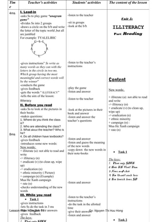Lesson Plan - English 11 Gv: Nguyen Thi Huu Hong
Tim
e
Teacher’s activities Students’ activities The content of the lesson
4ms
8ms
I. Lead-in
-asks Ss to play game “anagram
game”
-divides Ss into 2 groups
-draws a circle on the b/b and write
the letter of the topic world ,but all
are jumbled
For example: TYALELIRIC
C L I
E I
A R
T Y
L
-gives instructions” Ss write as
many words as they can with the
letters in the circle in two ms.
Which group having the most
meaningful and correct words will
be the winner”
-conducts the game
-gives feedback
-gets the words “ ILLITERACY”
-tells the aim of the lesson:
Illiteracy
II. Before you read
-asks Ss to look at the pictures in
their books
-makes questions:
1. Where do you think the class
is?
2. Who are attending the class?
3. What about the teacher? Who is
he?
4. Do all children have textbooks?
-gives feedback
-introduces some new words:
New words:
+ illiterate (a): not able to read and
write
-> illiteracy (n)
+ eradicate (v) (to clean up, wipe
up)
-> eradication (n)
+ ethnic minority ( Picture)
+ campaign (n) (Example)
Mua He Xanh campaign
+ rate (n)
-checks understanding of the new
words
III. While you read
• Task 1
-gives instructions
-lets Ss do the task in 3 ms
-asks Ss to give their answers
-gives feedback
The keys:
-listen to the teacher
-sit in groups
-look at the b/b
-listen to the teacher’s
instructions
-play the game
-listen and answer
-listen to the teacher
-look at the pictures in their
book and answer
-listen and answer the
teacher’s questions
-listen and answer
-listen and guess the meaning
of the new words
-copy down the new words in
their note-books
-listen and answer
-listen to the teacher’s
instructions
-do the task in the allotted
time
-give their answers
-listen and answer
Unit 5:
ILLITERACY
Part: Reading
Content
New words:
+ illiterate (a): not able to read
and write
-> illiteracy (n)
+ eradicate (v) (to clean up,
wipe up)
-> eradication (n)
+ ethnic minority
+ campaign (n) :
Mua He Xanh campaign
+ rate (n)
• Task 1
The keys:
1. Phoå caäp GDTH
2. Hoäi KH Vieät Nam
3. Xoaù muø chöõ
4. Kæ thuaät canh taùc
5. Keá hoaïch hoaù GD
• Task 2
 