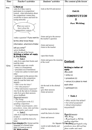 Lesson Plan - English 11 Gv: Nguyen Thi Huu Hong
Time Teacher’s activities Students’ activities The content of the lesson
4ms
12ms
I. Warm up
-asks Ss if they want to
participate in a competition/
contest, what information about
the competition/ contest they
would like to know and look for
(using network)
What you want to
know about the
competition/ contest
-make a question” If you want to
let the other know these
information, what kind of letter
will you write?”
-gives feedback
-tells the aim of the lesson:
Writing a letter of reply
II. Pre-Writing
• Task 1
-asks Ss to open their books and
read the letter
-provides some new words
+ entry (v) (Translation)
+ procedure (n) (Translation)
+ venue (n) a place to meet each
other
+ participant (n) the person who
participate in the competition
-asks Ss read the letter and
identify :
+ Who wrote the letter?
+ For what purpose?
+ What information requested?
-lets Ss do the task in 4 minutes
-asks Ss to give their answers
-gives feedback
Suggested answers:
+ Thu Trang
+ To participate in the E.L
speaking competition
+ Number of participants, entry
procedures, venue, date and time,
phone number and e-mail
• Task 2
-asks Ss to read the requirements
in task 2
-asks Ss to retell the form of a
letter
-reminds Ss of the format and the
language of a formal letter
(they’ve learnt in unit 4)
-look at the b/b and answer
-listen and give the answer
the teacher’s question
-listen and answer
-listen to the teacher
-open their books
-listen and guess the meaning
of the word
-do the task in the allotted
time
-give their answers
-listen ad answer
-read the requirements
-retell the form of a letter
-listen and answer
-work in individually and
write
Unit 6:
COMPETITION
S
Part: Writing
Content
Writing a letter of
reply
New words:
+ entry (v)
+ procedure (n)
+ venue (n) a place to meet
each other
+ participant (n)
• Task 1
+ Who wrote the letter?
+ For what purpose?
+ What information
requested?
Suggested answers:
+Thu Trang
+ To participate in E.L the
speaking competition
+ Number of participants, entry
procedures, venue, date and time,
phone number and e-mail
 