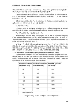 Chƣơng IV: Các hệ mã mật khóa công khai
95
nhiề u cá ch khá c nhau cho việc tiề n xƣ̉ lý nà y , chúng ta không bàn kỹ tới chúng ở đây
nhƣng thƣ̣c tế là có một và i cá ch dễ hiểu để thƣ̣c hiện việc đó .
Giố ng nhƣ đố i vớ i hệ trao đổi khó a , chúng ta cần một điểm G và một nhóm Elliptic
Eq(a, b) làm tham s ố. Mỗi ngƣờ i dù ng A lƣ̣a chọn một khó a riêng n A và sinh một khóa
công khai PA = nA x G.
Để mã hó a một thông điệp P m để gửi tới cho B , A sẽ chọn một số nguyên dƣơng
ngẫu nhiên k và sinh bản mã Cm gồ m một cặp điểm:
Cm = {kG, Pm + kPB}.
Chú ý là ở đây A sử dụng khóa công khai của B . Để giải mã bản mã , B sẽ nhân
điểm thƣ́ nhấ t vớ i khó a bí mật của B và lấ y kế t quả nhận đƣợc trƣ̀ đi điểm thƣ́ hai:
Pm + kPB nB(kG) = Pm + k(nBG) nB(kG) = Pm.
A đã che đi giá trị của Pm bằng cá ch cộng kPB vào Pm. Chỉ có duy nhất A biết giá trị
k, nên thậm chí biế t khó a công khai P B, không ai có thể loại bỏ mặt nạ kP B để tìm ra Pm.
Tuy nhiên giá tri ̣của C m cũng gồm một đầu mối để B (ngƣờ i duy nhấ t giƣ̃ khó a riêng n B)
có thể dựa vào đầu mối đó mà tìm ra Pm.
Ví dụ: p = 751, EP(1, 188) tƣơng ƣ́ ng vớ i phƣơng trình y 2
= x3
+ x + 188, G = (0,
376). Giả sử A muốn gửi một thông điệp tƣơng ứng với Pm = (562, 201) và A lựa chọn k =
386, khóa công khai của B là PB = (201, 5). Chúng ta có 386(0, 376) = (676, 558) và (562,
201) + 386(201, 5) = (385, 328). Bản mã sẽ là Cm = {(676, 558), (385, 328)}.
3.4.10. Độ an toàn của các hệ mã mật dựa trên các đƣờng cong Elliptic
Độ an toàn của các hệ mã ECC phụ thuộc vào việc xác định đƣợc giá trị của k dựa
trên cá c giá tri ̣kP và P. Bài toán này đƣợc gọi là bài toán Logarithm trên các đƣờng cong
Elliptic. Thuật toá n nhanh nhấ t để giải bà i toán này là thuật toán của Pollard . Bảng sau
cho chú ng ta sƣ̣ so sá nh tƣơng quan giƣ̃a cá c hệ mã:
Symmetric Scheme
(key size in bits)
ECC-Based Scheme
(size of n in bits)
RSA/DSA (modulus
size in bits)
56 112 512
80 160 1024
112 224 2048
128 256 3072
92 384 7680
256 512 15360
Nguồ n: Certicom
Bảng 4.3: Bảng so sánh các hệ mã ECC với hệ mã RSA
 