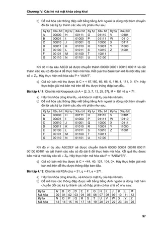 Chƣơng IV: Các hệ mã mật khóa công khai
97
b) Để mã hóa các thông điệp viết bằng tiếng Anh ngƣời ta dùng một hàm chuyển
đổi từ các ký tự thành các xâu nhị phân nhƣ sau:
Ký tự Xâu bít Ký tự Xâu bít Ký tự Xâu bít Ký tự Xâu bít
A 00000 H 00111 O 01110 V 10101
B 00001 I 01000 P 01111 W 10110
C 00010 J 01001 Q 10000 X 10111
D 00011 K 01010 R 10001 Y 11000
E 00100 L 01011 S 10010 Z 11001
F 00101 M 01100 T 10011
G 00110 N 01101 U 10100
Khi đó ví dụ xâu ABCD sẽ đƣợc chuyển thành 00000 00001 00010 00011 và cắt
thành các xâu có độ dài 4 để thực hiện mã hóa. Kết quả thu đƣợc bản mã là một dãy các
số  ZM. Hãy thực hiện mã hóa xâu P = “AUNT”.
c) Giả sử bản mã thu đƣợc là C = < 67,160, 66, 66, 0, 116, 4, 111, 0, 17>. Hãy
thực hiện giải mã bản mã trên để thu đƣợc thông điệp ban đầu.
Bài tập 4.11: Cho hệ mã Knapsack có A = {2, 3, 7, 13, 29, 57}, M = 151 và u = 71.
a) Hãy tìm khóa công khai KP, và khóa bí mật KS của hệ mã trên.
b) Để mã hóa các thông điệp viết bằng tiếng Anh ngƣời ta dùng một hàm chuyển
đổi từ các ký tự thành các xâu nhị phân nhƣ sau:
Ký tự Xâu bít Ký tự Xâu bít Ký tự Xâu bít Ký tự Xâu bít
A 00000 H 00111 O 01110 V 10101
B 00001 I 01000 P 01111 W 10110
C 00010 J 01001 Q 10000 X 10111
D 00011 K 01010 R 10001 Y 11000
E 00100 L 01011 S 10010 Z 11001
F 00101 M 01100 T 10011
G 00110 N 01101 U 10100
Khi đó ví dụ xâu ABCDEF sẽ đƣợc chuyển thành 00000 00001 00010 00011
00100 00101 và cắt thành các xâu có độ dài 6 để thực hiện mã hóa. Kết quả thu đƣợc
bản mã là một dãy các số  ZM. Hãy thực hiện mã hóa xâu P = “ANSWER”.
c) Giả sử bản mã thu đƣợc là C = <44, 40, 121, 104, 0>. Hãy thực hiện giải mã
bản mã trên để thu đƣợc thông điệp ban đầu.
Bài tập 4.12: Cho hệ mã RSA có p = 31, q = 41, e = 271.
a) Hãy tìm khóa công khai KP, và khóa bí mật KS của hệ mã trên.
b) Để mã hóa các thông điệp đƣợc viết bằng tiếng Anh ngƣời ta dùng một hàm
chuyển đổi các ký tự thành các số thập phân có hai chữ số nhƣ sau:
Ký tự A B C D E F G H I J K L M
Mã hóa 00 01 02 03 04 05 06 07 08 09 10 11 12
Ký tự N O P Q R S T U V W X Y Z
Mã hóa 13 14 15 16 17 18 19 20 21 22 23 24 25
 