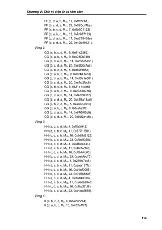 Chƣơng V: Chƣ̃ ký điện tƣ̉ và hà m băm
114
FF (c, d, a, b, M10, 17, 0xffff5bb1)
FF (b, c, d, a, M11, 22, 0x895cd7be)
FF (a, b, c, d, M12, 7, 0x6b901122)
FF (d, a, b, c, M13, 12, 0xfd987193)
FF (c, d, a, b, M14, 17, 0xa679438e)
FF (b, c, d, a, M15, 22, 0x49b40821).
Vòng 2:
GG (a, b, c, d, M1, 5, 0x61e2562)
GG (d, a, b, c, M6, 9, 0xc040b340)
GG (c, d, a, b, M11, 14, 0x265e5a51)
GG (b, c, d, a, M0, 20, 0xe9b6c7aa)
GG (a, b, c, d, M5, 5, 0xd62f105d)
GG (d, a, b, c, M10, 9, 0x02441453)
GG (c, d, a, b, M15, 14, 0xd8a1e681)
GG (b, c, d, a, M4, 20, 0xe7d3fbc8)
GG (a, b, c, d, M9, 5, 0x21e1cde6)
GG (d, a, b, c, M14, 9, 0xc33707d6)
GG (c, d, a, b, M3, 14, 0xf4d50d87)
GG (b, c, d, a, M8, 20, 0x455a14ed)
GG (a, b, c, d, M13, 5, 0xa9e3e905)
GG (d, a, b, c, M2, 9, 0xfcefa3f8)
GG (c, d, a, b, M7, 14, 0x676f02d9)
GG (b, c, d, a, M12, 20, 0x8d2a4c8a).
Vòng 3:
HH (a, b, c, d, M5, 4, 0xfffa3942)
HH (d, a, b, c, M8, 11, 0x8771f681)
HH (c, d, a, b, M11, 16, 0x6d9d6122)
HH (b, c, d, a, M14, 23, 0xfde5380c)
HH (a, b, c, d, M1, 4, 0xa4beea44)
HH (d, a, b, c, M4, 11, 0x4bdecfa9)
HH (c, d, a, b, M7, 16, 0xf6bb4b60)
HH (b, c, d, a, M10, 23, 0xbebfbc70)
HH (a, b, c, d, M13, 4, 0x289b7ec6)
HH (d, a, b, c, M0, 11, 0xeaa127fa)
HH (c, d, a, b, M3, 16, 0xd4ef3085)
HH (b, c, d, a, M6, 23, 0x04881d05)
HH (a, b, c, d, M9, 4, 0xd9d4d039)
HH (d, a, b, c, M12, 11, 0xe6db99e5)
HH (c, d, a, b, M15, 16, 0x1fa27cf8)
HH (b, c, d, a, M2, 23, 0xc4ac5665).
Vòng 4:
II (a, b, c, d, M0, 6, 0xf4292244)
II (d, a, b, c, M7, 10, 0x432aff97)
 