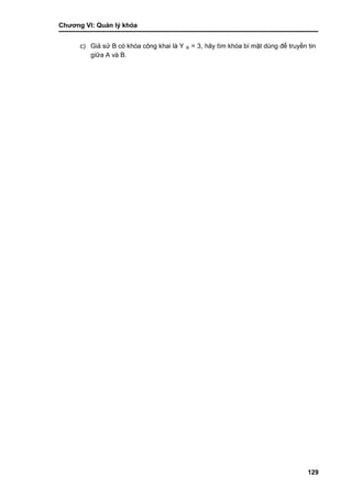 Chƣơng VI: Quản lý khóa
129
c) Giả sử B có khóa công khai là Y B = 3, hãy tìm khóa bí mật dùng để truyền tin
giƣ̃a A và B.
 
