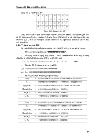 Chƣơng III: Các hệ mã khóa bí mật
47
Bảng mô tả hộp P-Box (P):
16 7 20 21 29 12 28 17
1 15 23 26 5 18 31 10
2 8 24 14 32 27 3 9
19 13 30 6 22 11 4 25
Bảng 3.20: Bảng hoán vị P
Ví dụ nhƣ bit 21 sẽ dịch chuyển đến bit thứ 4, trong khi bit thứ 4 lại dịch chuyển đến
bit 31. Kết quả cuối cùng của hộp P-Box lại đƣợc XOR với nƣ̉ a trái của khối 64 bit của
chính nó (tức Li-1 để tạo ra Ri) và sau đó nƣ̉ a trái và nƣ̉ a phải đảo cho nhau và bắt đầu
một vòng khác.
2.2.8. Ví dụ về mã hoá DES
Để có thể hiểu rõ hơn về phƣơng pháp mã hoá DES, chúng ta hãy xét ví dụ sau:
 Một bản rõ mang nội dung: “0123456789ABCDEF”.
 Sử dụng khoá (ở dạng thập phân): “133457799BBCDFFI”. Khoá này ở dạng
nhị phân là một chuỗi bit nhƣ sau (không có bit kiểm tra):
00010010011010010101101111001001101101111011011111111000
 Chuyển đổi IP, chúng ta lấy ra L0 và R0:
L0 = 11001100000000001100110011111111
L0 = R0 = 11110000101010101111000010101010
 16 vòng mã hoá đƣợc thực hiện nhƣ sau:
E(R0) = 011110100001010101010101011110100001010101010101
K1 = 000110110000001011101111111111000111000001110010
E(R0)  K1 = 011000010001011110111010100001100110010100100111
Đầu ra S-Box = 01011100100000101011010110010111
f(R0,K1) = 00100011010010101010100110111011
L2=R1 = 11101111010010100110010101000100
E(R1) = 011101011110101001010100001100001010101000001001
K2 = 011110011010111011011001110110111100100111100101
E(R1)  K2 = 000011000100010010001101111010110110001111101100
Đầu ra S-Box = 11111000110100000011101010101110
f(R1,K2) = 00111100101010111000011110100011
L3=R2 = 11001100000000010111011100001001
 