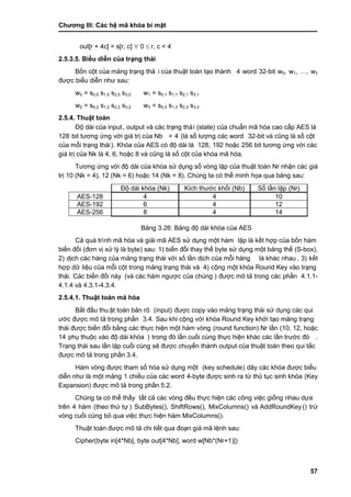 Chƣơng III: Các hệ mã khóa bí mật
57
out[r + 4c] = s[r, c]  0  r, c < 4
2.5.3.5. Biể u diễn củ a trạng thá i
Bố n cột của mảng trạng thá i của thuật toá n tạo thà nh 4 word 32-bit w0, w1, …, w3
đƣợc biểu diễn nhƣ sau:
w0 = s0,0 s1,0 s2,0 s3,0 w1 = s0,1 s1,1 s2,1 s3,1
w2 = s0,2 s1,2 s2,2 s3,2 w3 = s0,3 s1,3 s2,3 s3,3
2.5.4. Thuật toán
Độ dài của input, output và cá c trạng thá i (state) của chuẩn mã hóa cao cấp AES là
128 bit tƣơng ƣ́ ng vớ i giá tri ̣của Nb = 4 (là số lƣợng các word 32-bit và cũng là số cột
của mỗi trạng thái). Khóa của AES có độ dài là 128, 192 hoặc 256 bit tƣơng ƣ́ ng vớ i cá c
giá trị của Nk là 4, 6, hoặc 8 và cũng là số cột của khóa mã hóa.
Tƣơng ƣ́ ng vớ i độ dà i của khó a sƣ̉ dụng số vò ng lặp của thuật toá n Nr nhận cá c giá
trị 10 (Nk = 4), 12 (Nk = 6) hoặc 14 (Nk = 8). Chúng ta có thể minh họa qua bảng sau:
Độ dài khóa (Nk) Kích thƣớc khối (Nb) Số lầ n lặp (Nr)
AES-128 4 4 10
AES-192 6 4 12
AES-256 8 4 14
Bảng 3.26: Bảng độ dài khóa của AES
Cả quá trình mã hó a và giải mã AES sƣ̉ dụng một hà m lặp là kế t hợp của bố n hà m
biế n đổi (đơn vi ̣xƣ̉ lý là byte) sau: 1) biến đổi thay thế byte sƣ̉ dụng một bảng thế (S-box),
2) dịch các hàng của mảng trạng thái với số lần dịch của mỗi hàng là khác nhau , 3) kế t
hợp dƣ̃ liệu của mỗi cột trong mảng trạng thái và 4) cộng một khó a Round Key và o trạng
thái. Các biến đối này (và các hàm ngƣợc của chúng ) đƣợc mô tả trong cá c phầ n 4.1.1-
4.1.4 và 4.3.1-4.3.4.
2.5.4.1. Thuật toá n mã hó a
Bắ t đầ u thu ật toán bản rõ (input) đƣợc copy và o mảng trạng thá i sƣ̉ dụng cá c qui
ƣớc đƣợc mô tả trong phần 3.4. Sau khi cộng vớ i khó a Round Key khở i tạo mảng trạng
thái đƣợc biến đổi bằng các thực hiện một hàm vòng (round function) Nr lầ n (10, 12, hoặc
14 phụ thuộc vào độ dài khóa ) trong đó lầ n cuố i cù ng thƣ̣c hiện khá c cá c lầ n trƣớ c đó .
Trạng thái sau lần lặp cuối cùng sẽ đƣợc chuyển thành output của thuật toán theo qui tắc
đƣợc mô tả trong phầ n 3.4.
Hàm vòng đƣợc tham số hóa sử dụng một (key schedule) dãy các khóa đƣợc biểu
diễn nhƣ là một mảng 1 chiề u của cá c word 4-byte đƣợc sinh ra tƣ̀ thủ tục sinh khó a (Key
Expansion) đƣợc mô tả trong phầ n 5.2.
Chúng ta có thể thấy tấ t cả cá c vò ng đề u thƣ̣c hiện cá c công việc giố ng nhau dƣ̣a
trên 4 hàm (theo thƣ́ tƣ̣ ) SubBytes(), ShiftRows(), MixColumns() và AddRoundKey() trƣ̀
vòng cuối cùng bỏ qua việc thực hiện hàm MixColumns().
Thuật toá n đƣợc mô tả chi tiết qua đoạn giả mã lệnh sau:
Cipher(byte in[4*Nb], byte out[4*Nb], word w[Nb*(Nr+1)])
 