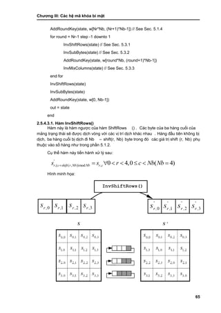 Chƣơng III: Các hệ mã khóa bí mật
65
AddRoundKey(state, w[Nr*Nb, (Nr+1)*Nb-1]) // See Sec. 5.1.4
for round = Nr-1 step -1 downto 1
InvShiftRows(state) // See Sec. 5.3.1
InvSubBytes(state) // See Sec. 5.3.2
AddRoundKey(state, w[round*Nb, (round+1)*Nb-1])
InvMixColumns(state) // See Sec. 5.3.3
end for
InvShiftRows(state)
InvSubBytes(state)
AddRoundKey(state, w[0, Nb-1])
out = state
end
2.5.4.3.1. Hàm InvShiftRows()
Hàm này là hàm ngƣợc của hàm ShiftRows () . Các byte của ba hàng cuối của
mảng trạng thái sẽ đƣợc dịch vòng với các vị trí dịch khác nhau . Hàng đầu tiên không bị
dịch, ba hà ng cuố i bi ̣di ̣ch đi Nb – shift(r, Nb) byte trong đó các giá trị shift (r, Nb) phụ
thuộc và o số hà ng nhƣ trong phầ n 5.1.2.
Cụ thể hàm này tiến hành xử lý sau:
'
,( ( , ))mod , 0 4,0 ( 4)r c shift r Nb Nb r cs s r c Nb Nb       
Hình minh họa:
 