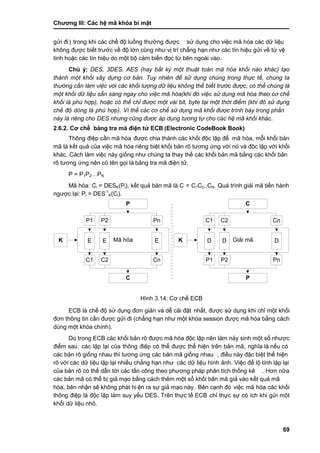 Chƣơng III: Các hệ mã khóa bí mật
69
gƣ̉ i đi) trong khi cá c chế độ luồ ng thƣờ ng đƣợc sƣ̉ dụng cho việc mã hó a cá c dƣ̃ liệu
không đƣợc biế t trƣớ c về độ lớ n cũng nhƣ vi ̣trí chẳng hạn nhƣ cá c tín hiệu gƣ̉ i về tƣ̀ vệ
tinh hoặc cá c tín hiệu do một bộ cảm biế n đọc tƣ̀ bên ngoà i và o.
Chú ý: DES, 3DES, AES (hay bất kỳ một thuật toán mã hóa khối nào khác) tạo
thành một khối xây dựng cơ bản. Tuy nhiên để sử dụng chúng trong thực tế, chúng ta
thường cần làm việc với các khối lượng dữ liệu không thể biết trước được, có thể chúng là
một khối dữ liệu sẵn sàng ngay cho việc mã hóa(khi đó việc sử dụng mã hóa theo cơ chế
khối là phù hợp), hoặc có thể chỉ được một vài bit, byte tại một thời điểm (khi đó sử dụng
chế độ dòng là phù hợp). Vì thế các cơ chế sử dụng mã khối được trình bày trong phần
này là riêng cho DES nhưng cũng được á p dụng tương tự cho cá c hệ mã khố i khá c.
2.6.2. Cơ chế bả ng tra mã điện tƣ̉ ECB (Electronic CodeBook Book)
Thông điệp cầ n mã hó a đƣợc chia thành các khối độc lập để mã hóa, mỗi khố i bản
mã là kết quả của việc mã hó a riêng biệt khố i bản rõ tƣơng ƣ́ ng vớ i nó và độc lập vớ i khố i
khác. Cách làm việc này giống nhƣ chúng ta thay thế các khối bản mã bằng các khối bản
rõ tƣơng ứng nên có tên gọi là bảng tra mã điện tử.
P = P1P2…PN
Mã hóa: Ci = DESK(Pi), kế t quả bản mã là C = C1C2..CN. Quá trình giải mã tiến hành
ngƣợc lại: Pi = DES-1
K(Ci).
Mã hóa
P
P1 P2 Pn
C1 C2 Cn
E E E
C
K Giải mã
C
C1 C2 Cn
P1 P2 Pn
D D D
P
K
Hình 3.14: Cơ chế ECB
ECB là chế độ sử dụng đơn giản và dễ cài đặt nhất, đƣợc sử dụng khi chỉ một khối
đơn thông tin cần đƣợc gửi đi (chẳng hạn nhƣ một khóa session đƣợc mã hóa bằng cách
dùng một khóa chính).
Do trong ECB các khối bản rõ đƣợc mã hóa độc lập nên làm nảy sinh một số nhƣợc
điểm sau: các lặp lại của thông điệp có thể đƣợc thể hiện trên bản mã, nghĩa là nếu có
các bản rõ giống nhau thì tƣơng ứng các bản mã giống nhau , điều nà y đặc biệt thể hiện
rõ với các dữ liệu lặp lại nhiều chẳng hạn nhƣ các dữ liệu hình ảnh. Việc để lộ tính lặp lại
của bản rõ có thể dẫn tới các tấn công theo phƣơng pháp phân tích thống kê . Hơn nƣ̃a
các bản mã có thể bị giả mạo bằng cách thêm một số khối bản mã giả vào kết quả mã
hóa, bên nhận sẽ không phá t hi ện ra sự giả mạo này. Bên cạnh đó việc mã hóa các khối
thông điệp là độc lập làm suy yếu DES. Trên thƣ̣c tế ECB chỉ thực sự có ích khi gửi một
khối dữ liệu nhỏ.
 