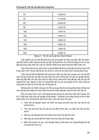 Chƣơng IV: Các hệ mã mật khóa công khai
81
20 7.20e+03
40 3.11e+06
60 4.63e+08
80 3.72e+10
100 1.97e+12
120 7.69e+13
140 2.35e+15
160 5.92e+16
180 1.26e+18
200 2.36e+19
Bảng 4.1: Tố c độ của thuật toá n Brent-Pollard
Các nghiên cứu về vấn đề phân tích các số nguyên lớn hiện nay tiến triển rất chậm,
các tiến bộ lớn nhất cũng chỉ là các cải tiến về thuật toán và có thể nói rằng trừ khi có các
đột phá trong việc phân tích các số 1024 bit, RSA là an toàn trong thời điểm hiện nay.
Các nhà mật mã học phát minh ra hệ mã RSA đã đƣa ra một giải thƣởng trị giá 100
$ vào năm 1977. Đó là một hệ mã với số N có 129 chữ số, thách thức này đã đƣợc phá.
Trên thực tế để cài đặt RSA cần phải thực hiện các thao tác modulo với các số 300
chữ số (hay 1024 bit) mà hiện nay các máy tính mới chỉ thao tác với các số nguyên 64 bit,
điều này dẫn đến nhu cầu cần các thƣ viện số học nhân chính xác để làm việc với các số
nguyên lớn này. Ngoài ra việc sử dụng RSA cần tới các số nguyên tố lớn nên chúng ta
cũng phải có một cơ sở dữ liệu các số nguyên tố.
Để tăng tốc cho RSA chúng ta có thể sử dụng một số phƣơng pháp khác chẳng hạn
nhƣ cải tiến các phép tính toán nhân hai số lớn hoặc tăng tốc việc tìm bản mã, bản rõ.
Đối với phép nhân 2 số n bit thông thƣờng chúng ta cần thực hiện O(n2
) phép tính
bit. Thuật toán nhân các số nguyên Schonhage – Strassen cho phép chúng ta thực hiện
phép nhân 2 số với độ phức tạp là O(n log n) với các bƣớc nhƣ sau:
 Chia mỗi số nguyên thành các khối, sử dụng các khối này nhƣ các hệ số của
một đa thức.
 Tính các đa thức này tại một số các điểm thích hợp, và nhân các kết quả thu
đƣợc.
 Nội suy các kết quả này hình thành các hệ số của đa thức tích
 Kết hợp các hệ số để hình thành nên tích của hai số ban đầu
 Biến đổi Fourier rời rạc, và lý thuyết chặp có thể đƣợc sử dụng để tăng tốc độ
của quá trình nội suy.
 