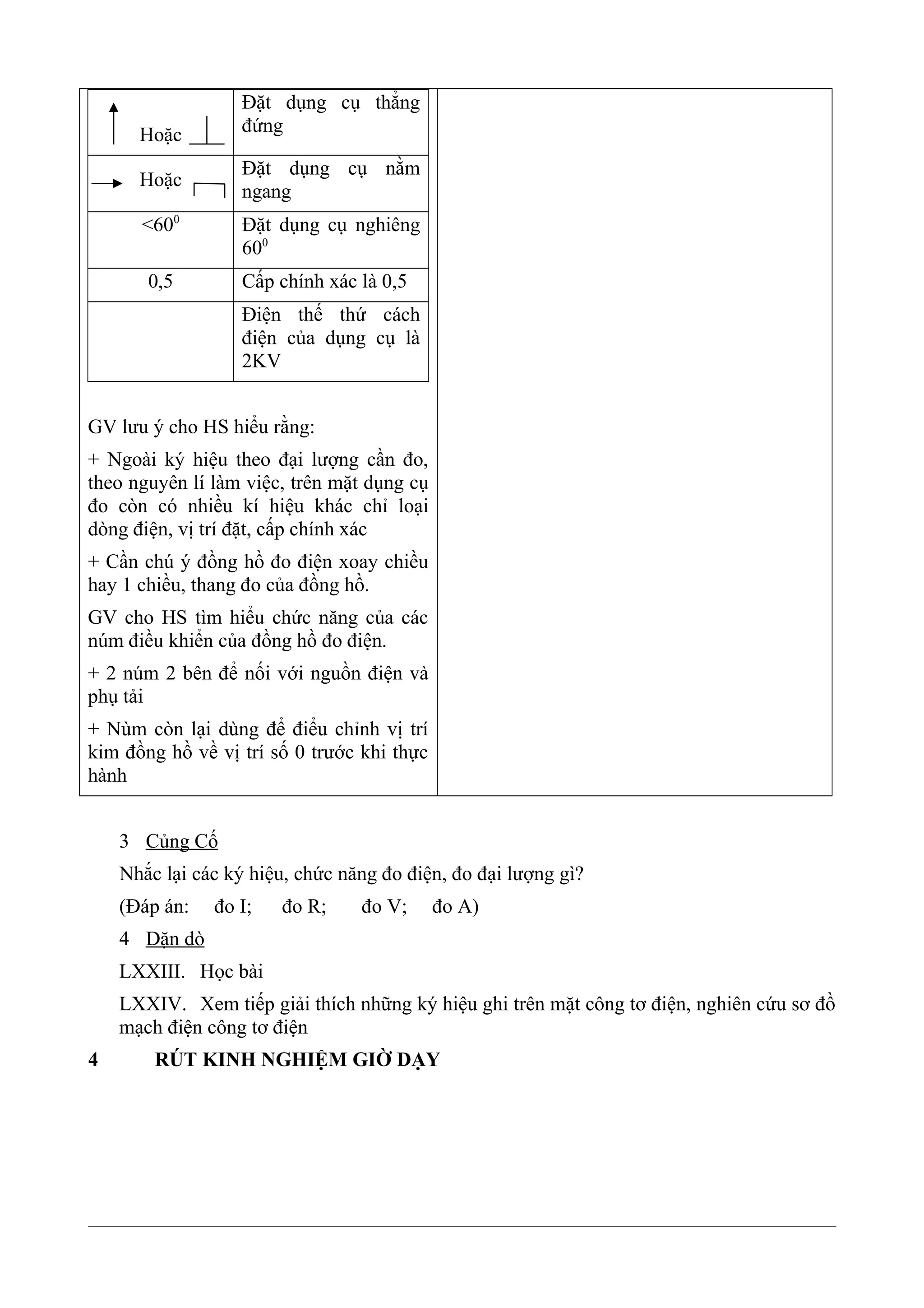 Hoặc
Đặt dụng cụ thẳng
đứng
Hoặc
Đặt dụng cụ nằm
ngang
<600
Đặt dụng cụ nghiêng
600
0,5 Cấp chính xác là 0,5
Điện thế thứ cách
điện của dụng cụ là
2KV
GV lưu ý cho HS hiểu rằng:
+ Ngoài ký hiệu theo đại lượng cần đo,
theo nguyên lí làm việc, trên mặt dụng cụ
đo còn có nhiều kí hiệu khác chỉ loại
dòng điện, vị trí đặt, cấp chính xác
+ Cần chú ý đồng hồ đo điện xoay chiều
hay 1 chiều, thang đo của đồng hồ.
GV cho HS tìm hiểu chức năng của các
núm điều khiển của đồng hồ đo điện.
+ 2 núm 2 bên để nối với nguồn điện và
phụ tải
+ Nùm còn lại dùng để điểu chỉnh vị trí
kim đồng hồ về vị trí số 0 trước khi thực
hành
3 Củng Cố
Nhắc lại các ký hiệu, chức năng đo điện, đo đại lượng gì?
(Đáp án: đo I; đo R; đo V; đo A)
4 Dặn dò
LXXIII. Học bài
LXXIV. Xem tiếp giải thích những ký hiệu ghi trên mặt công tơ điện, nghiên cứu sơ đồ
mạch điện công tơ điện
4 RÚT KINH NGHIỆM GIỜ DẠY
 