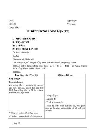 Tuần: Ngày soạn:
Tiết: 08 Ngày dạy:
Thực hành
SỬ DỤNG ĐỒNG HỒ ĐO ĐIỆN (TT)
I. MỤC TIÊU CẦN ĐẠT
II. TRỌNG TÂM
III. CHUẨN BỊ
IV. TIẾN TRÌNH LÊN LỚP
Ổn định: kiểm diện
KTBC:
Các nhóm trả lời câu hỏi
Cho biết tên một số dụng cụ đồng hồ đo điện và cho biết công dụng của nó.
(Đáp án: một số dụng cụ đồng hồ đo điện: đo I; đo V; đo R; đo P công tơ điện
đo A, đồng hồ vạn năn đo điện áp và R)
Bài mới:
Hoạt động của GV và HS Nội dung bài học
Hoạt động 4
Đánh giá kết quả
GV hướng dẫn HS tự đánh giá và đánh
gái chéo giữa các nhóm kết quả thực
hành theo những tiêu chí đã đặt ra trước
khi bước vào thực hành.
* Tổng kết nhận xét bài thực hành
- Thu báo cáo thực hành để chấm điểm
* Bảng kết quả
- Kết quả đo
- Trình tự thao tác đo
- Thái độ thực hành: nghiêm túc, bào quản
dụng cụ đo, đảm bảo an toàn giữ vệ sinh nơi
làm việc
Củng Cố
 