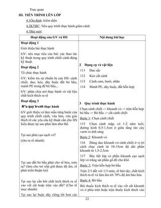 Trực quan
III. TIẾN TRÌNH LÊN LỚP
4.1Ổn định: kiểm diện
4.2KTBC: Nêu quy trình thực hành giâm cành
4.3Bài mới:
Hoạt động của GV và HS Nội dung bài học
Hoạt động 1
Giới thiệu bài thực hành
GV: nêu mục tiêu của bài: các thao tác
kỹ thuật trong quy trình chiết cành đúng
kỹ thuật.
Hoạt động 2
Tổ chức thực hành
GV: kiểm tra sự chuẩn bị của HS: cành
chiết, dao, kéo, dây buộc đất bó bầu,
mảnh PE trong để bó bầu,...
GV: phân chia nơi thực hành và vật liệu
chất kích thích ra rể
Hoạt động 3
Nªu quy tr×nh thực hành
GV giới thiệu và làm mẫu từng bước của
quy trình chiết cành, vừa làm, vừa giải
thích rõ các yêu cầu kỹ thuật cần cho HS
hiểu được tại sao phải làm như thế.
Tại sao phải cạo sạch vỏ?
(cho ra rể nhanh)
Tại sao đất bỏ bầu phải cho rể bèo, rơm
rạ? (làm cho tơi xốp giữ được độ ẩm, rể
phát triển thuận lợi)
Tại sao lại cần bôi chất kích thích ra rể
vào vết cắt hoặc trộn vào đất? (Cho rể
mọc nhanh)
Tại sao lại buộc dây riêng tốt hơn các
2 Dụng cụ và vật liệu
111 Dao sắc
112 Kéo cắt cành
113 Cành cam, bưởi, nhãn
114 Mảnh PE, dây buộc, đất hỗn hợp
3 Quy trình thực hành
Chọn cành chiết -> khoanh vỏ -> trộn hỗn hợp
bó bầu -> Bó bầu -> cắt cành chiết
Bước 1: Chọn cành chiết
115 Chọn cành mập, có 1-2 năm tuổi,
đường kính 0,5-1,5cm ở giữa tầng tán cây
vươn ra ánh sáng
Bước 2: Khoanh vỏ
116 Dùng dao khoanh vỏ cành chiết ở vị trí
cách chạc cành từ 10-15cm độ dài phần
khoanh từ 1,5-2,5cm
117 Bóc hết lớp vỏ phần khoanh cạo sạch
lớp vỏ trắng sát phần gổ để cho khô
Bước 3: Trộn hỗn hợp bó bầu
Trộn 2/3 đất với 1/3 mùn, rể bèo tây, chất kích
thích ra rể và làm ẩm tới 70% độ ẩm bảo hòa
Bước 4: Bó bầu
Bôi thuốc kích thích ra rể vào vết cắt khoanh
vỏ ở phía trên hoặc trộn thuốc kích thích vào
22
 