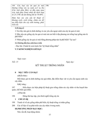 184 Các loại cây ăn quả áo múi
thường trồng vào vụ xuân av2 vụ thu
(Các tỉnh phía Bắc) và đầu mùa mưa
(các tỉnh phía Nam) nhiệt độ thích hợp
từ 25-270C độ ẩm không khí từ 70-80%.
Đảm bảo các yêu cầu kỹ thuật về
khoảng cách, cách trồng, chăm sóc để
tạo điều kiện cho cây sinh trưởng, phát
triển tốt.
196
4.4Củng cố
1/ Em hãy nêu giá trị dinh dưỡng và các yêu cầu ngoại cảnh của cây ăn quả có múi
2/ Hãy nêu các giống cây ăn quả có múi mà em biết ở địa phương em trồng loại giống nào là
phổ biến?
3/ Nhân giống cây ăn quả có múi bằng phương pháp nào là phổ biến? Tại sao?
4.5 Hướng dẫn học sinh học ở nhà
- Học bài. Chuẩn bị xem trước bài ‘kỹ thuật trồng nhãn”
V.T KINH NGHIỆM GIỜ DẠY
Ngày soạn:
Tiết: 15 Ngày dạy:
KỸ THUẬT TRỒNG NHÃN
0 MỤC TIÊU CẦN ĐẠT
a)Kiến thức:
Biết được giá trị dinh dưỡng của quả nhãn, đặc điểm thực vật và yêu cầu ngoại cảnh của
cây nhãn.
b)Kỹ năng :
197 Hiểu được các biện pháp kỹ thuật gieo trồng chăm sóc cây nhãn và thu hoạch bảo
quản, chế biến quả nhãn.
c)Thái độ:
198 Hứng thú học tập, yêu thích nghề trồng cây ăn
1 CHUẨN BỊ
199 Tranh vẽ về các giống nhãn phổ biến, kỹ thuật trồng và nhân giống
200 Các số liệu về sự phát triển của cây nhãn ở trong nước.
III.PHƯƠNG PHÁP DẠY HỌC:
Nêu vấn đề, hoạt động nhóm
37
 