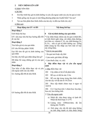 2 TIẾN TRÌNH LÊN LỚP
4.1định: kiểm diện
4.2KTBC
0 Em hãy trình bày giá trị dinh dưỡng và yêu cầu ngoại cảnh của cây ăn quả có múi
1 Nhân giống cây ăn quả có múi bằng phương pháp nào là phổ biến? Tại sao?
2 Tại sao bón phân theo hình chiếu của tán cây và đốn tạo hình cho cây?
4.3Bài mới
Hoạt động của GV và HS Nội dung bài học
Hoạt động 1
Giới thiệu bài học
GV: nêu mục tiêu bài học hướng dẫn HS
đi vào bài
Hoạt động 2
Tìm hiểu giá trị của quả nhãn
GV cho HS đọc phần I SGK
Gọi HS tóm tắt giá trị dinh dưỡng của
quả nhãn
Em hãy cho biết quả nhãn dùng làm gì?
HS khác bổ sung những giá trị của quả
nhãn
Hoạt động 3
Tìm hiểu về đặc điểm thực vật và yêu
cầu ngoại cảnh của cây nhãn
Gv: hướng dẫn HS đi như SGK
GV hướng dẫn HS đi như SGK
0 Giá trị dinh dưỡng của quả nhãn
* Cây nhãn thuộc nhóm cây ăn quả á nhiệt đới,
có tính thích nghi rộng. cùi nhân chứa đường,
axit hữu cơ, vitamin C, K, các chất khoáng Ca,
O, Fe,... nên có giá trị dinh dưỡng cao. Trồng
nhãn mang lại thu nhập cao hơn một số loại
cây trồng khác.
* Giá trị của quả nhãn
+ Ăn quả tươi hoặc sấy khô
+ Làm nước giải khát, đồ hộp
+ Làm thuốc (hạt, vỏ, cùi)
1 Đặc điểm thực vật và yêu cầu ngoại
cảnh
1/ Đặc điểm thực vật
202 Cây nhãn có bộ rễ rất phát triển
203 Rễ cọc có thể ăn sâu 3-5m
204 Rễ con tập trung trong khu hình chiếu
của tán cây với độ sâu từ 10-25cm
205 Hoa xếp thành chùm mọc ở ngọn và
vách lá
206 Có 3 loại hoa trên 1 chùm hoa: hoa đực,
hoa cái, hoa lưỡng tính.
2/ Yêu cầu ngoại cảnh
a) Nhiệt độ: chịu được nóng và lạnh tốt.
Nhiệt độ thích hợp 21-270
C
b) Lượng mưa: 1200mm/năm, độ ẩm
không khí 70-80%
c) Ánh sáng: cây cần đủ ánh sáng không
ưa ánh sáng mạnh và chịu được bóng
38
 
