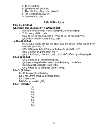 d- 18 ®Õn 24 ®é.
e- §µo hè vµ bãn ph©n lãt.
f- Thêi tiÕt Èm, n¾ng, kh«, giã nhÑ.
g- ¨n t¬i, ®ãng hép, sÊy kh«.
h- Bãn thóc cho c©y.
BiÓu ®iÓm- §¸p ¸n.
C©u 1: (4 ®iÓm)
§Æc ®iÓm thùc vËt cña c©y ¨n qu¶ (2 ®iÓm)
- RÔ cã lo¹i mäc th¼ng ¨n s©u xuèng ®Êt, lo¹i mäc ngang.
- Th©n mang nhiÒu cµnh.
- Hoa: cã lo¹i cã hoa ®ùc, hoa c¸i riªng, cã lo¹i cã hoa lìng tÝnh.
- Qu¶ cã lo¹i qu¶ h¹ch, qu¶ mäng, kÐp.
¸p dông.(2 ®iÓm)
- HiÓu ®Æc ®iÓm cña rÔ ®Ó ch¨m sãc cho rrÏ ph¸t triÓn vµ cã h×nh
thøc bãn ph©n hîp lÝ.
- §Æc ®iÓm cña th©n ®Ó t¹o cµnh cho c©y cã nhiÒu qu¶.
- Hoa: Cã biÖn ph¸p thô phÊn hîp lÝ.
- Qu¶: Cã bÖn ph¸p thu ho¹ch, b¶o qu¶n, chÕ biÕn kÞp thêi vµ hîp lÝ.
C©u 2:(2 ®iÓm)
- C©y ¨n qu¶ cã gi¸ trÞ dinh dìng cao.
- Qu¶ vµ c¸c bé phËn kh¸c cña c©y cã kh¶ n¨ng ch÷a bÖnh.
- Qu¶ dïng ®Ó chÕ biÕn, xuÊt khÈu.
- C©y ¨n qu¶ cã t¸c dông b¶o vÖ m«i trêng.
C©u 3: (2 ®iÓm)
B1: Chän vµ c¾t cµnh ghÐp.
B2: Chän vÞ trÝ ghÐp vµ c¾t gèc ghÐp.
B3: GhÐp cµnh.
B4:KiÓm tra sau khi ghÐp.
C©u 4: ( 2 ®iÓm)
1-f
2-d
3-a
4-b
5-c
6-e
7-h
8-g
45
 