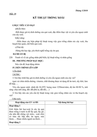 Tháng 1/2010
Tiết: 19
KỸ THUẬT TRỒNG XOÀI
I.MỤC TIÊU CẦN ĐẠT
a)Kiến thức:
-Biết được giá trị dinh dưỡng của quả xoài, đặc điểm thực vật và yêu cầu ngoại cảnh
của cây xoài.
b)Kỹ năng:
-Hiểu được các biện pháp kỹ thuật trong việc gieo trồng chăm sóc cây xoài, thu
hoạch bảo quản, chế biến quả xoài.
c)Thái độ:
-Hứng thú học tập, yêu thích nghề trồng cây ăn quả.
II.CHUẨN BỊ
220 Tranh vẽ về các giống nhãn phổ biến, kỹ thuật trồng và nhân giống
III. PHƯƠNG PHÁP DẠY HỌC:
Nêu vấn đề, hoạt động nhóm
IV.TIẾN TRÌNH LÊN LỚP
1.Ổn định:
2.KTBC:
1/ Em hãy trình bày giá trị dinh dưỡng và yêu cầu ngoại cảnh của cây vải?
(quả vải chứa nhiều đường, vitamin, chất khoáng được sử dụng để ăn tươi, sấy khô, làm
đồ hộp, …
Yêu cầu ngoại cảnh: nhiệt độ 24-290
C lượng mưa 1250mm/năm, độ ẩm 80-90 %, ánh
sáng: chịu ánh sáng, đất: đất phù sa, đất đồi,…)
2/ Em hãy nêu các yêu cầu kỹ thuật trong việc gieo trồng chăm sóc và thu hoạch cây
vải?
3.Bài mới:
Hoạt động của GV và HS Nội dung bài học
Hoạt động 1
Giới thiệu bài học:xoài là cây ăn quả
được trồng ở nước ta để lấy quả, lấy gổ,
che phủ đất chống xói mòn,.. xoài chín
có màu sắc hấp dẫn, ăn ngon, mùi
thơm…. Được nhiều người ưa thích…
Hoạt động 2
 