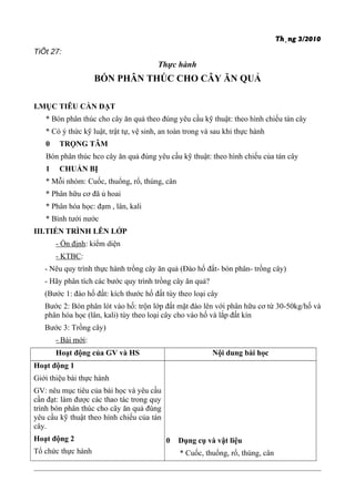 Th¸ng 3/2010
TiÕt 27:
Thực hành
BÓN PHÂN THÚC CHO CÂY ĂN QUẢ
I.MỤC TIÊU CẦN ĐẠT
* Bón phân thúc cho cây ăn quả theo đúng yêu cầu kỹ thuật: theo hình chiếu tán cây
* Có ý thức kỹ luật, trật tự, vệ sinh, an toàn trong và sau khi thực hành
0 TRỌNG TÂM
Bón phân thúc hco cây ăn quả đúng yêu cầu kỹ thuật: theo hình chiếu của tán cây
1 CHUẨN BỊ
* Mỗi nhóm: Cuốc, thuổng, rổ, thúng, cân
* Phân hữu cơ đã ủ hoai
* Phân hóa học: đạm , lân, kali
* Bình tưới nước
III.TIẾN TRÌNH LÊN LỚP
- Ổn định: kiểm diện
- KTBC:
- Nêu quy trình thực hành trồng cây ăn quả (Đào hố đất- bón phân- trồng cây)
- Hãy phân tích các bước quy trình trồng cây ăn quả?
(Bước 1: đào hố đất: kích thước hố đất tùy theo loại cây
Bước 2: Bón phân lót vào hố: trộn lớp đất mặt đào lên với phân hữu cơ từ 30-50kg/hố và
phân hóa học (lân, kali) tùy theo loại cây cho vào hố và lắp đất kín
Bước 3: Trồng cây)
- Bài mới:
Hoạt động của GV và HS Nội dung bài học
Hoạt động 1
Giới thiệu bài thực hành
GV: nêu mục tiêu của bài học và yêu cầu
cần đạt: làm được các thao tác trong quy
trình bón phân thúc cho cây ăn quả đúng
yêu cầu kỹ thuật theo hình chiếu của tán
cây.
Hoạt động 2
Tổ chức thực hành
0 Dụng cụ và vật liệu
* Cuốc, thuổng, rổ, thúng, cân
 