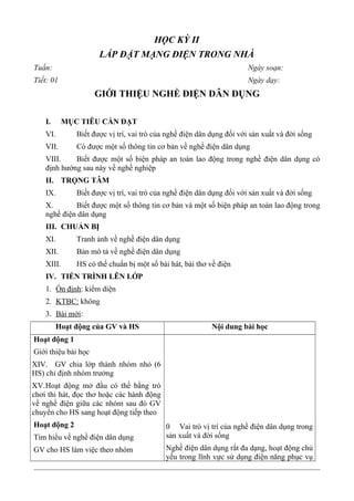 HỌC KỲ II
LẮP ĐẶT MẠNG ĐIỆN TRONG NHÀ
Tuần: Ngày soạn:
Tiết: 01 Ngày dạy:
GIỚI THIỆU NGHỀ ĐIỆN DÂN DỤNG
I. MỤC TIÊU CẦN ĐẠT
VI. Biết được vị trí, vai trò của nghề điện dân dụng đối với sản xuất và đời sống
VII. Có được một số thông tin cơ bản về nghề điện dân dụng
VIII. Biết được một số biện pháp an toàn lao động trong nghề điện dân dụng có
định hướng sau này về nghề nghiệp
II. TRỌNG TÂM
IX. Biết được vị trí, vai trò của nghề điện dân dụng đối với sản xuất và đời sống
X. Biết được một số thông tin cơ bản và một số biện pháp an toàn lao động trong
nghề điện dân dụng
III. CHUẨN BỊ
XI. Tranh ảnh về nghề điện dân dụng
XII. Bản mô tả về nghề điện dân dụng
XIII. HS có thể chuẩn bị một số bài hát, bài thơ về điện
IV. TIẾN TRÌNH LÊN LỚP
1. Ổn định: kiểm diện
2. KTBC: không
3. Bài mới:
Hoạt động của GV và HS Nội dung bài học
Hoạt động 1
Giới thiệu bài học
XIV. GV chia lớp thành nhóm nhỏ (6
HS) chỉ định nhóm trưởng
XV.Hoạt động mở đầu có thể bằng trò
chơi thi hát, đọc thơ hoặc các hành động
về nghề điện giữa các nhóm sau đó GV
chuyển cho HS sang hoạt động tiếp theo
Hoạt động 2
Tìm hiểu về nghề điện dân dụng
GV cho HS làm việc theo nhóm
0 Vai trò vị trí của nghề điện dân dụng trong
sản xuất và đời sống
Nghề điện dân dụng rất đa dạng, hoạt động chủ
yếu trong lĩnh vực sử dụng điện năng phục vụ
 