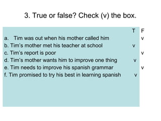 3. True or false? Check (v) the box.

                                                      T   F
a. Tim was out when his mother called him                 v
b. Tim’s mother met his teacher at school             v
c. Tim’s report is poor                                   v
d. Tim’s mother wants him to improve one thing        v
e. Tim needs to improve his spanish grammar               v
f. Tim promised to try his best in learning spanish   v
 