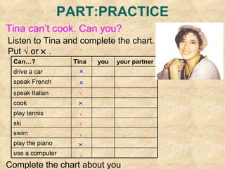 PART:PRACTICE Tina can’t cook. Can you? Listen to Tina and complete the chart.  Put  √  or    . Complete the chart about you use a computer play the piano swim ski play tennis cook speak Italian speak French drive a car your partner you Tina Can…?  √ √  √ √ √   