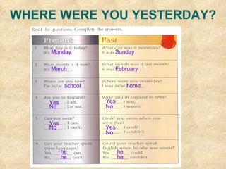 WHERE WERE YOU YESTERDAY? Monday  March  school Yes Yes No No he he February  home Sunday  Yes Yes No No he he 