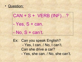 Question: CAN + S +  VERB (INF)…? - Yes, S + can. - No, S + can’t . Ex:  Can you speak English?   - Yes, I can. / No, I can’t. Can she drive a car? - Yes, she can. / No, she can’t. 