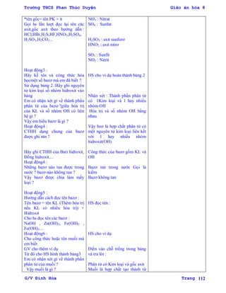 Trường THCS Phan Thúc Duyện Giáo án hóa 8
G/V Đình Hòa Trang 112
*tên gốc= tên PK + it
Gọi hs lần lƣợt đọc lại tên các
axit,gốc axit theo hƣớng dẫn :
HCl,HBr,H2S,HF,HNO3,H2SO4,
H2SO3,H2CO3...
Hoạt động3 :
Hãy kể tên và công thức hóa
họcmột số bazơ mà em đã biết ?
Sử dụng bảng 2 :Hãy ghi nguyên
tử kim loại số nhóm hidroxit vào
bảng
Em có nhận xét gì về thành phần
phân tử của bazơ ?giữa hóa trị
của KL và số nhóm OH có liên
hệ gì ?
Vậy em hiểu bazơ là gì ?
Hoạt động4 :
CTHH dạng chung của bazơ
đƣợc ghi ntn ?
Hãy ghi CTHH của Bari hidroxit,
Đồng hidroxit....
Hoạt động4 :
Những bazơ nào tan đƣợc trong
nƣớc ? bazơ nào không tan ?
Vậy bazơ đƣợc chia làm mấy
loại ?
Hoạt động5 :
Hƣớng dẫn cách đọc tên bazơ :
Tên bazơ = tên KL (Thêm hóa trị
nếu KL có nhiều hóa trị) +
Hidroxit
Cho hs đọc tên các bazơ :
NaOH , Zn(OH)2, Fe(OH)2 ,
Fe(OH)3....
Hoạt động6 :
Cho công thức hoặc tên muối mà
em biết
GV cho thêm ví dụ
Từ đó cho HS hình thành bảng3
Em có nhận xét gì về thành phần
phân tử của muối ?
Vậy muối là gì ?
NO3 : Nitrat
SO4 : Sunfat
H2SO3 : axit sunfurơ
HNO2 ; axit nitrơ
SO3 : Sunfit
NO2 : Nitrit
HS cho ví dụ hoàn thành bảng 2
Nhận xét : Thành phần phân tử
có 1Kim loại và 1 hay nhiều
nhóm OH
Hóa trị và số nhóm OH bằng
nhau
Vậy bzơ là hợp chất phân tử có
một nguyên tử kim loại liên kết
với 1 hay nhiều nhóm
hidroxit(OH)
Công thức của bazơ gồm KL và
OH
Bazơ tan trong nƣớc Gọi là
kiềm
Bazơ không tan
HS đọc tên :
HS cho ví dụ
Điền vào chỗ trống trong bảng
và trả lời :
Phân tử có Kim loại và gốc axit
Muối là hợp chất tạo thành từ
 