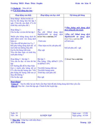 Trường THCS Phan Thúc Duyện Giáo án hóa 8
G/V Đình Hòa Trang 125
II-Chuẩn bị : Nhƣ tiết 64
III-Các hoạt động dạy học :
Hoạt động của thầy Hoạt động của học sinh Nội dung ghi bảng
Hoạt động1 :Kiểm tra bài cũ :
Gọi hs lên bảng làm bài tập 3
sgk ( Tóm tắt, xác định C% rồi
trình bày cách pha chế )
Hoạt động 2 :
Cho hs đọc và tóm tắt bài tập 1
Muốn pha loãng dung dịch thì
phải thêm nƣớc vào dung dịch
hiện có
Vậy theo đề bài phải tìm Vdd ?
Khi pha loãng dung dịch thì số
mol chất tan không thay đổi
Gọi hs lên bảng tính toán
Yêu cầu thảo luận và trình bày
cách pha loãng ?
Hoạt động 3 : bài tập 2 :
Yêu cầu hs đọc và tóm tắt bài
tập
GV hƣớng dẫn để hs thực hiện
Gợi ý muốn pha loãng dd có
C% cần tìm đại lƣợng nào ? khi
pha loãng thì lƣợng chất tan có
thay đổi không ?
Cho hs đọc sgk
Bài 1 :
Pha chế 100ml dung dịch
MgSO40,4M từ dung dịch
Error! Not a valid link.2M
-Tính toán
-Thảo luận trả lời cáh pha chế
-Đọc sgk
Bài tập 2 :
Pha loãng 150g ddNaCl 2,5%
từ ddNaCl 10%
Tìm khối lƣợng chất tan
Tìm khối lƣợng nƣớc
Trình bày cách pha chế
Đọc sgk
II.Pha loãng một dung dịch
theo nồng độ cho trƣớc
1)Pha chế 100ml dung dịch
MgSO40,4M từ dung dịch
Error! Not a valid link.2M
a)Tính toán :
b)Cách pha chế : sgk
2) Error! Not a valid link.
Hoạt động4
-Củng cố : Gọi hs nhắc lại các bƣớc cần thực hiện để pha loãng dung dịch theo yêu cầu
-Dặn dò: Học bài , Làm bài tập sgk. Chuẩn bị bài luyện tập .
Tuần :33
Tiết : 66 LUYỆN TẬP
Ngày soạn : 1/5/08
Ngày giảng : 4/5/08
I -Mục tiêu : Giúp học sinh nắm đƣợc :
 