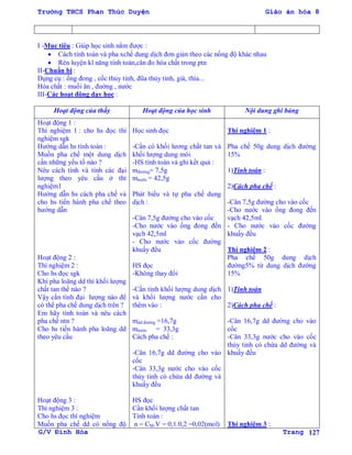 Trường THCS Phan Thúc Duyện Giáo án hóa 8
G/V Đình Hòa Trang 127
I -Mục tiêu : Giúp học sinh nắm đƣợc :
 Cách tính toán và pha xchế dung dịch đơn giản theo các nồng độ khác nhau
 Rèn luyện kĩ năng tính toán,cân đo hóa chất trong ptn
II-Chuẩn bị :
Dụng cụ : ống đong , cốc thủy tinh, đũa thủy tinh, giá, thìa...
Hóa chất : muối ăn , đƣờng , nƣớc
III-Các hoạt động dạy học :
Hoạt động của thầy Hoạt động của học sinh Nội dung ghi bảng
Hoạt động 1 :
Thí nghiệm 1 : cho hs đọc thí
nghiệm sgk
Hƣớng dẫn hs tính toán :
Muốn pha chế một dung dịch
cần những yếu tố nào ?
Nêu cách tính và tính các đại
lƣợng theo yêu cầu ở thí
nghiệm1
Hƣớng dẫn hs cách pha chế và
cho hs tiến hành pha chế theo
hƣớng dẫn
Hoạt động 2 :
Thí nghiệm 2 :
Cho hs đọc sgk
Khi pha loãng dd thì khối lƣợng
chất tan thế nào ?
Vậy cần tính đại lƣợng nào để
có thể pha chế dung dịch trên ?
Em hãy tính toán và nêu cách
pha chế ntn ?
Cho hs tiến hành pha loãng dd
theo yêu cầu
Hoạt động 3 :
Thí nghiệm 3 :
Cho hs đọc thí nghiệm
Muốn pha chế dd có nồng độ
Học sinh đọc
-Cần có khối lƣơng chất tan và
khối lƣợng dung môi
-HS tính toán và ghi kết quả :
mđƣờng= 7,5g
mnƣớc = 42,5g
Phát biểu và tự pha chế dung
dịch :
-Cân 7,5g đƣờng cho vào cốc
-Cho nƣớc vào ống đong đến
vạch 42,5ml
- Cho nƣớc vào cốc đƣờng
khuấy đều
HS đọc
-Không thay đổi
-Cần tính khối lƣợng dung dịch
và khối lƣợng nƣớc cần cho
thêm vào :
mdd đƣờng =16,7g
mnƣớc = 33,3g
Cách pha chế :
-Cân 16,7g dd đƣờng cho vào
cốc
-Cân 33,3g nƣớc cho vào cốc
thủy tinh có chứa dd đƣờng và
khuấy đều
HS đọc
Cần khối lƣợng chất tan
Tính toán :
n = CM.V = 0,1.0,2 =0,02(mol)
Thí nghiệm 1 :
Pha chế 50g dung dịch đƣờng
15%
1)Tính toán :
2)Cách pha chế :
-Cân 7,5g đƣờng cho vào cốc
-Cho nƣớc vào ống đong đến
vạch 42,5ml
- Cho nƣớc vào cốc đƣờng
khuấy đều
Thí nghiệm 2 :
Pha chế 50g dung dịch
đƣờng5% từ dung dịch đƣờng
15%
1)Tính toán
2)Cách pha chế :
-Cân 16,7g dd đƣờng cho vào
cốc
-Cân 33,3g nƣớc cho vào cốc
thủy tinh có chứa dd đƣờng và
khuấy đều
Thí nghiệm 3 :
 