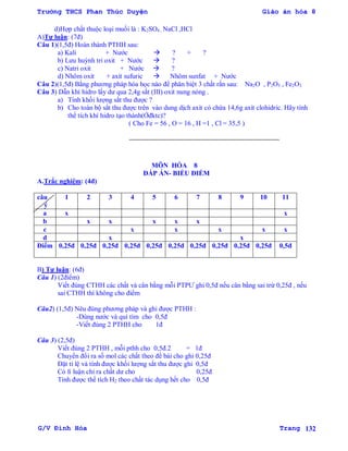 Trường THCS Phan Thúc Duyện Giáo án hóa 8
G/V Đình Hòa Trang 132
d)Hợp chất thuộc loại muối là : K2SO4 , NaCl ,HCl
A)Tự luận: (7đ)
Câu 1)(1,5đ) Hoàn thành PTHH sau:
a) Kali + Nƣớc  ? + ?
b) Lƣu huỳnh tri oxit + Nƣớc  ?
c) Natri oxit + Nƣớc  ?
d) Nhôm oxit + axit sufuric  Nhôm sunfat + Nƣớc
Câu 2)(1,5đ) Bằng phƣơng pháp hóa học nào để phân biệt 3 chất rắn sau: Na2O , P2O5 , Fe2O3
Câu 3) Dẫn khí hidro lấy dƣ qua 2,4g sắt (III) oxit nung nóng .
a) Tính khối lƣợng sắt thu đƣợc ?
b) Cho toàn bộ sắt thu đƣợc trên vào dung dịch axit có chứa 14,6g axit clohidric. Hãy tính
thể tích khí hidro tạo thành(Ởđktc)?
( Cho Fe = 56 , O = 16 , H =1 , Cl = 35,5 )
MÔN HÓA 8
ĐÁP ÁN- BIỂU ĐIỂM
A.Trắc nghiệm: (4đ)
câu
ý
1 2 3 4 5 6 7 8 9 10 11
a x x
b x x x x x
c x x x x x
d x x
Điểm 0,25đ 0,25đ 0,25đ 0,25đ 0,25đ 0,25đ 0,25đ 0,25đ 0,25đ 0,25đ 0,5đ
B) Tự luận: (6đ)
Câu 1) (2điểm)
Viết đúng CTHH các chất và cân bằng mỗi PTPƢ ghi 0,5đ nếu cân bằng sai trừ 0,25đ , nếu
sai CTHH thì không cho điểm
Câu2) (1,5đ) Nêu đúng phƣơng pháp và ghi đƣợc PTHH :
-Dùng nƣớc và quì tím cho 0,5đ
-Viết đúng 2 PTHH cho 1đ
Câu 3) (2,5đ)
Viết đúng 2 PTHH , mỗi pthh cho 0,5đ.2 = 1đ
Chuyển đổi ra số mol các chất theo đề bài cho ghi 0,25đ
Đặt tỉ lệ và tính đƣợc khối lƣợng sắt thu đƣợc ghi 0,5đ
Có lí luận chỉ ra chất dƣ cho 0,25đ
Tính đƣợc thể tích H2 theo chất tác dụng hết cho 0,5đ
 