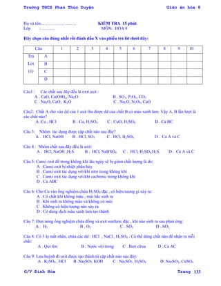 Trường THCS Phan Thúc Duyện Giáo án hóa 8
G/V Đình Hòa Trang 133
Họ và tên:…………………… KIỂM TRA 15 phút
Lớp :………. MÔN: HÓA 9
Hãy chọn câu đúng nhất rồi đánh dấu X vào phiếu trả lời dƣới đây:
Câu 1 2 3 4 5 6 7 8 9 10
Trả
Lời
(1)
A
B
C
D
Câu1 : Các chất sau đây đều là oxit axit :
A . CaO, Ca(OH)2, Na2O B . SO3, P2O5, CO2
C . Na2O, CaO, K2O C . Na2O, N2O5, CaO
Câu2: Chất A cho vào dd của 1 axit thu đƣợc dd của chất B có màu xanh lam. Vậy A, B lần lƣợt là
các chất nào?
A .Cu , HCl B . Cu, H2SO4 C . CuO, H2SO4 D . Cả BC
Câu 3: Nhôm tác dụng đƣợc cặp chất nào sau đây?
A . HCl, NaOH B . HCl, SO3 C . HCl, H2SO4 D . Cả A và C
Câu 4 : Nhóm chất sau đây đều là axit:
A . HCl, NaOH ,H2S B . HCl, NaHSO4 C . HCl, H2SO4,H2S D . Cả A và C
Câu 5: Canxi oxit để trong không khí lâu ngày sẽ bị giảm chất lƣợng là do:
A . Canxi oxit bị nhiệt phân hủy
B . Canxi oxit tác dụng với khí nitơ trong không khí
C . Canxi oxit tác dụng với khí cacbonic trong không khí
D . Cả ABC
Câu 6: Cho Cu vào ống nghiệm chứa H2SO4 đặc , có hiện tƣợng gì xảy ra:
A . Có chất khí không màu , mùi hắc sinh ra
B . Khí sinh ra không màu và không có mùi
C . Không có hiện tƣợng nào xảy ra
D . Có dung dịch màu xanh lam tạo thành
Câu 7: Đun nóng ống nghiệm chứa đồng và axit sunfuric đặc , khí nào sinh ra sau phản ứng:
A . H2 B . O2 C . SO3 D . SO2
Câu 8: Có 3 lọ mất nhãn, chứa các dd : HCl , NaCl , H2SO4 . Có thể dùng chất nào để nhận ra mỗi
chất:
A . Quì tím B . Nƣớc vôi trong C . Bari clrua D . Cả AC
Câu 9: Lƣu huỳnh đi oxit đƣợc tạo thành từ cặp chất nào sau đây:
A . K2SO4 , HCl B .Na2SO3, KOH C . Na2SO3 , H2SO4 D .Na2SO3, CuSO4
 