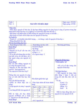 Trường THCS Phan Thúc Duyện Giáo án hóa 8
G/V Đình Hòa Trang 15
Tuần 3
Tiết 6 NGUYÊN TỐ HÓA HỌC
Ngày soạn 29/8/08
Ngày giảng 6/9/08
I.Mục tiêu:
-Nắm đƣợc nguyên tố hóa học là tập hợp những nguyên tử cùng loại,có cùng số proton trong hạt
nhân,biết kí hiệu hóa học có ý nghĩa gì và cách biểu diễn nhƣ thế nào ?
-Biết đƣợc tỉ lệ phần trăm về khối lƣợng các nguyên tố trong vỏ trái đất….
-Rèn luyện về cách viết kí hiệu của các nguyên tố hóa học
II.Chuẩn bị:
-Tranh vẽ : « tỉ lệ phằn trăm khối lƣợng…. »và bảng « một số nguyên tố hóa học »
-Bảng phụ,phiếu hoc tập
III.Các hoạt động dạy học:
Hoạt độngcủa Giáo viên Hoạt động của học sinh Nội dung ghi bảng
Hoạt động1
Kiểm tra:
-Nguyên tử là gì? cấu tạo của
nguyên tử?
-Từ sơ đồ trên bảng phụ em hãy
cho biết: số p, số e,số lớp e, số e
lớp ngoài cùng của nguyên tử
magiê
Hoạt động2
Khi nói đến những nguyên tử
vô cùng lớn ngƣời ta nói:
“Nguyên tố hóa học”thay cho
cụm từ: “loại nguyên tử”
Vậy nguyên tố hóa học là gì?
Thông báo các nguyên tử cùng
loại có tính chất hóa học nhƣ
nhau
Yêu cầu HS làm bài tập:
1-Điền số thích hợp vào ô
trống:
2-Cặp nguyên tử cùng 1 nguyên
tố
3-tra bảng để biết tên nguyên tố
Mỗi kí hiệu chỉ bao nhiêu
nguyên tử?Muốn chỉ 2 hoặc
3...nguyên tử viết nhƣ thế nào
Hoạt động3
-Trả lời lí thuyết
-Áp dụng:
số p= số e = 12
số lớp e = 3
số e ngoài cùng= 2
Nêu định nghiã theo sgk
-Thảo luận nhóm để hoàn thành
bảng
- chỉ 1 nguyên tử
Ng.tử số p số e số n
1 19 20
2 20 20
3 19 21
4 17 18
5 17 20
I.Nguyên tố hóa học:
1-Định nghĩa: sgk
+Số p là số đặc trƣng cho
nguyên tố hóa học
2-Kí hiệu hóa học:
+ Mỗi nguyên tố đƣợc biểu
diễn bằng 1 hoặc 2 chữ cái
trong đó chữ đầu tiên viết in
hoa
+Ví dụ:
-Canxi: Ca
-Cacbon: C
-Đồng: Cu
-Kali: K
+Mỗi kí hiệu đồng thời chỉ 1
nguyên tử của nguyên tố đó
 