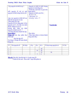 Trường THCS Phan Thúc Duyện Giáo án hóa 8
G/V Đình Hòa Trang 18
Vậy nguyên tử khối là gì ?
mỗi nguyên tố chỉ có một
nguyên tử khối riêng biệt do đó
dựa vào nguyên tử khối để xác
định đó là nguyên tử nào
Phát phiếu học tập :
Nguyên tố R có nặng gấp 14 lần
nguyên tử H . Em hãy xác định
R(tên, khhh,số p,số e)
hƣớng dẫn : phải xác định
nguyên tử khối của R= ?
Tra bảng để hoàn thành bài tập
Hoạt động3
Củng cố :-cho đọc phần đọc
thêm sgk
-làm bài tập số3
Tra bảng 1/42sgk để hoàn thành
bảng sau
-Nguyên tử khối là khối lƣợng
nguyên tử tính bằng đvc
-Trình bày cách làm và giải trên
bảng nhóm :
Nguyên tử khối của R là :
R=14.1=14
=>R là nitơ : N
Có số p = số e = 7
-Đọc thêm
-Thảo luận nhóm và hoàn thành
bảng dƣới đây :
3-Luyên tập:
TT Tên nguyên tố Kí hiệu số p số e số n TS hạt trong nguyên tử N.T.K
1 10
2 19 20
3 12 36
4 3 4
Dặn dò: Học bài, làm bài tập 4=>8 sgk trang 20
Chuẩn bị bài mới : Đơn chất - hợp chất-phân tử
 