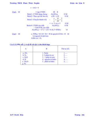 Trường THCS Phan Thúc Duyện Giáo án hóa 8
G/V Đình Hòa Trang 191
t = 10/2= V
Câu2, 3đ + Lập CTHH : III II
Bƣớc1- CTHH dạng chung : Alx(SO4)y 0.5đ
Bƣớc2- Theo qui tắc hỏa trị: x.III = y.II 0.5đ
Bƣớc3- Chuyển thành tỉ lệ : 
y
x

III
II
3
2
=> x= 2 và y=3 0.5đ
Bƣớc4- CTHH của chất : Al2(SO4)3 0.5đ
+ Tính PTK của chất:
Al2(SO4)3 = 27.2 + (32+16.4).3=450đvc 1đ
Câu3- 2đ a. NTKR= 0,5.32= I6=> R là nguyên tố Oxi : O 1đ
Là nguyên tố phi kim
b.Khí oxi : O2
Câu5(1đ),Hãy nối ý ở cột B với cột A cho thích hợp:
A B Thứ tự nối:
a. 2O2
b. N2
c. H2O
d. H
e. 2H2O
g. H2
1. Nƣớc
2. 2 phân tử oxi
3. 1 phân tử nitơ
4. nguyên tử hidro
5. phân tử hidro
1......
2......
3......
4.......
5.......
 
